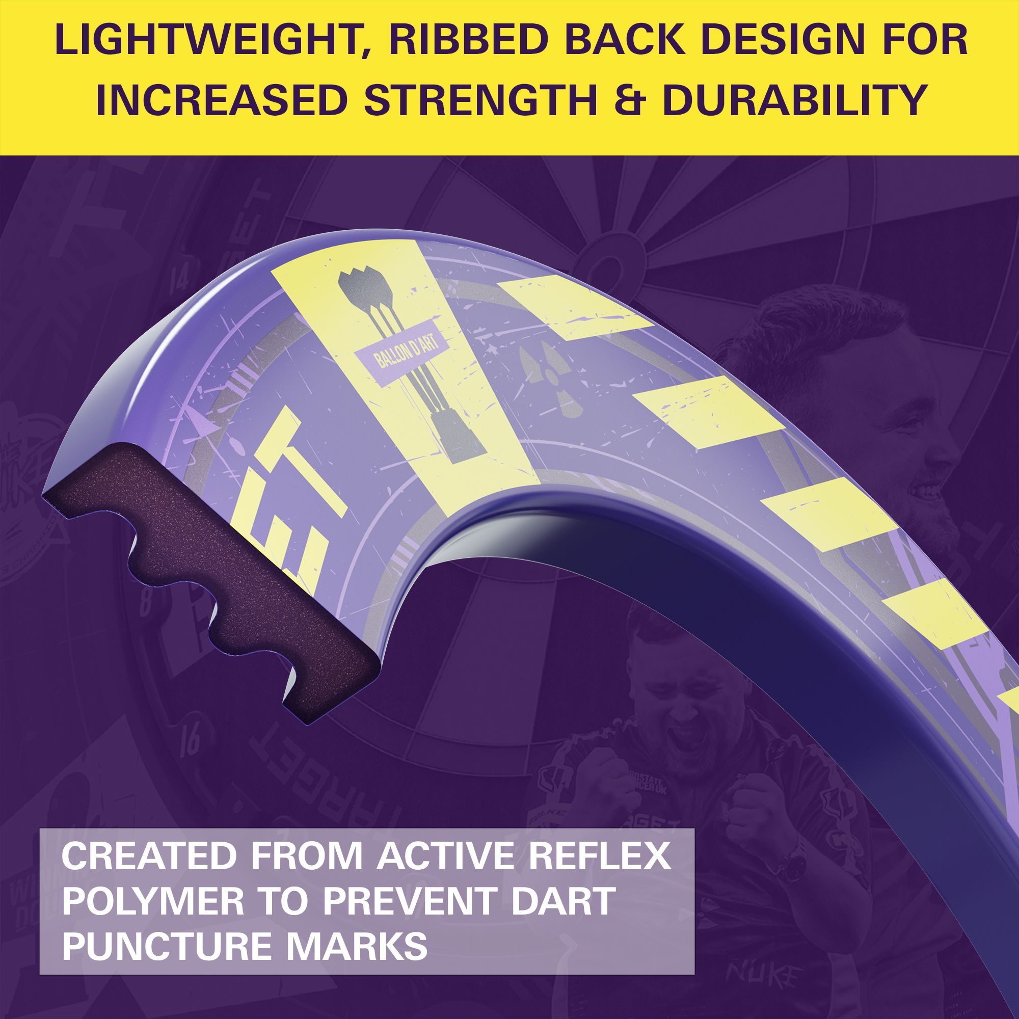 Sada ocelových terčů Target Luke Littler, mistr světa 2025 Surround Goal Das Bild zeigt ein Detail des "Target Luke Littler World Champion 2025 Surround Tor Steeldartboard Bundle". Es hebt das leichte, gerippte Rückendesign und das spezielle Polymer hervor, das vor Dart-Einstichstellen schützt.