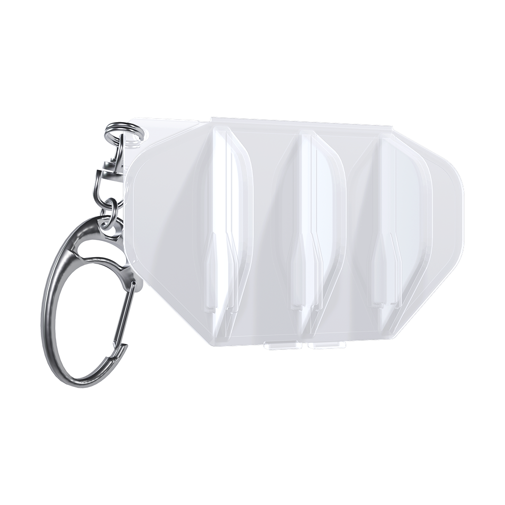 LSF1_L-Style_L-Case_Flightcase_Weiss_1 Das Bild zeigt ein weißes Flightcase mit drei Fächern für Dartflights. An der Seite befindet sich ein silberner Schlüsselring zur Befestigung.