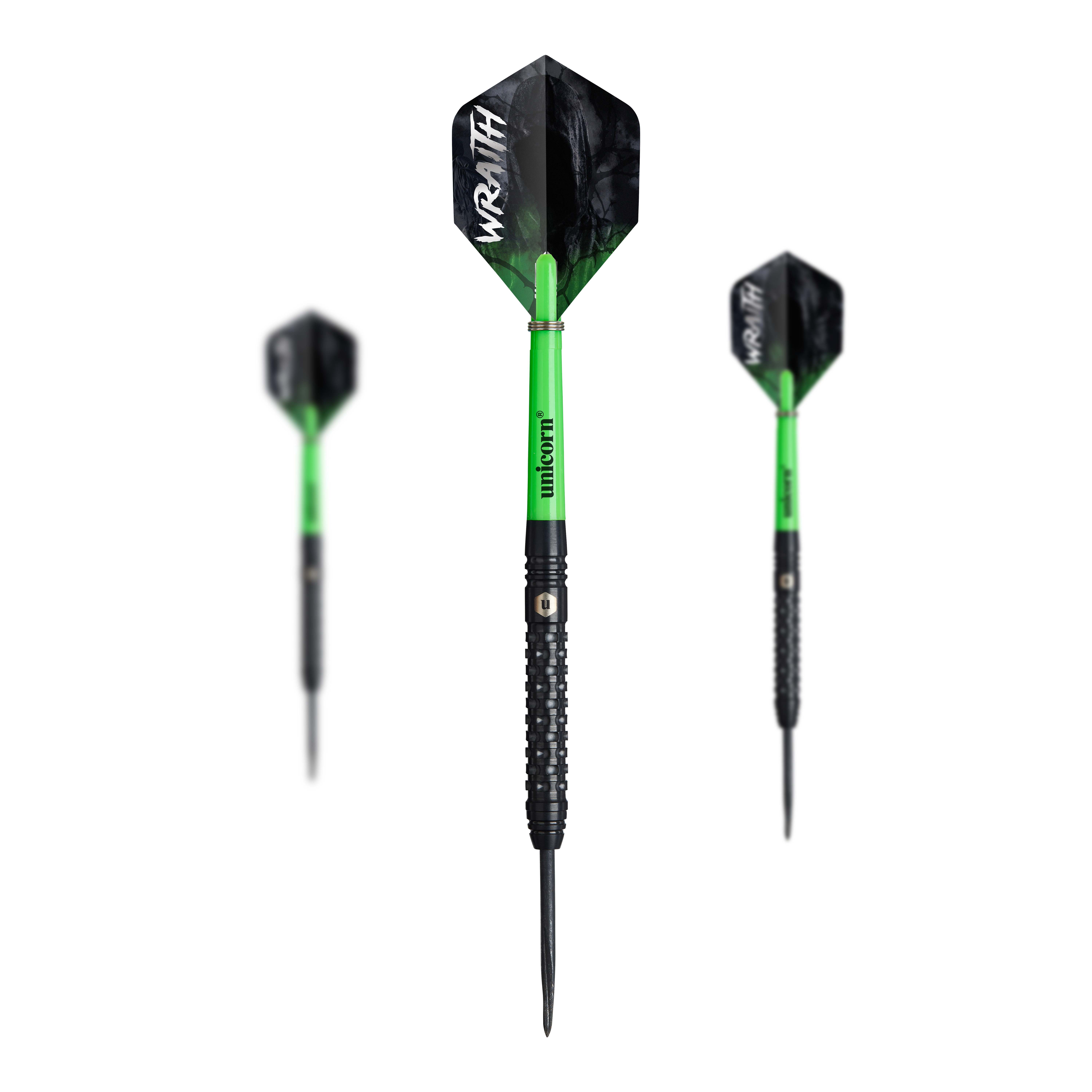 Ocelové šipky Unicorn Wraith Auf dem Bild sind drei Unicorn Wraith Steeldarts zu sehen. Die Darts haben schwarze Spitzen, grüne Schäfte und schwarze Flights mit der Aufschrift "WRAITH".