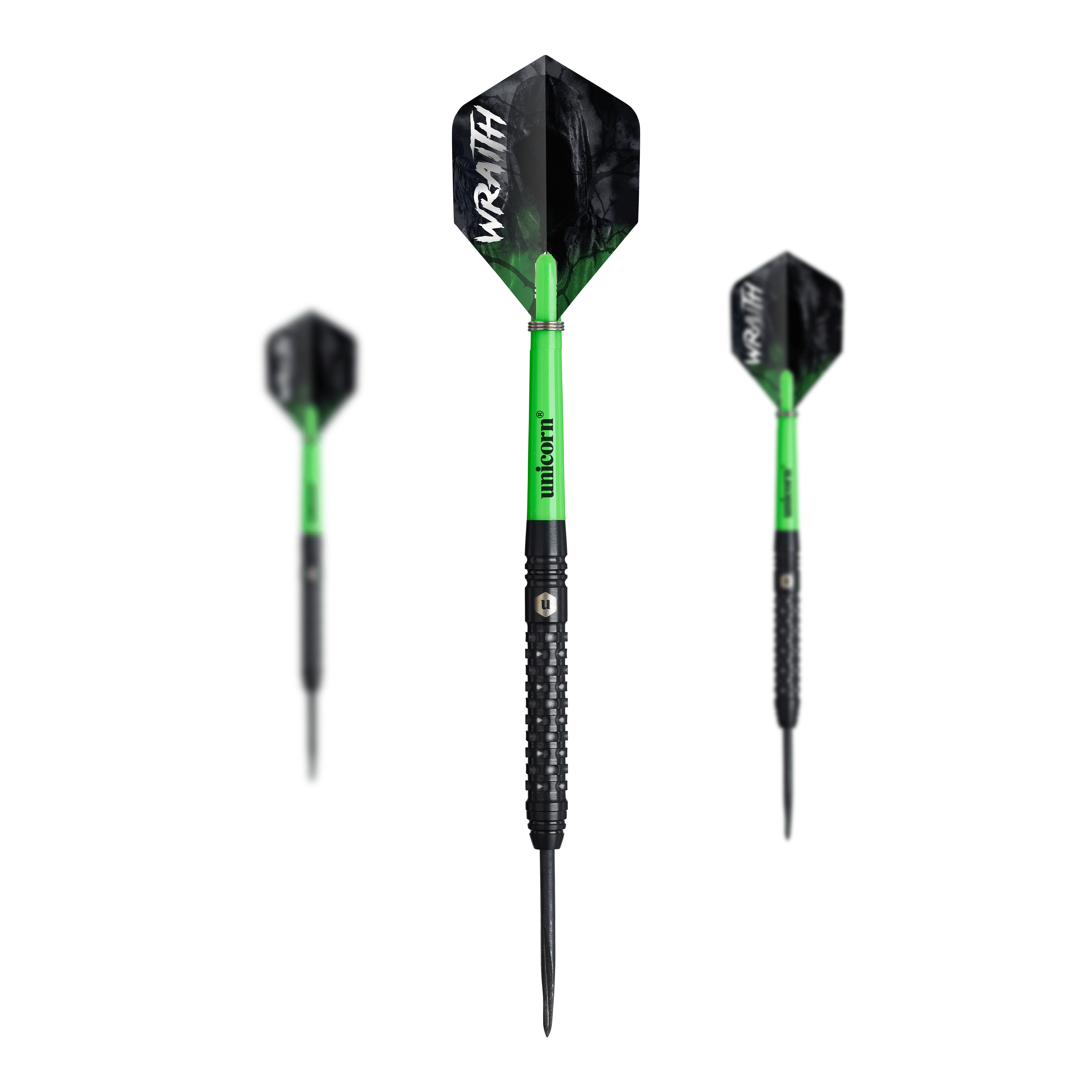 Ocelové šipky Unicorn Wraith Das Set Unicorn Wraith Steeldarts ist zusammen abgebildet. Das Produkt wirkt hochwertig.