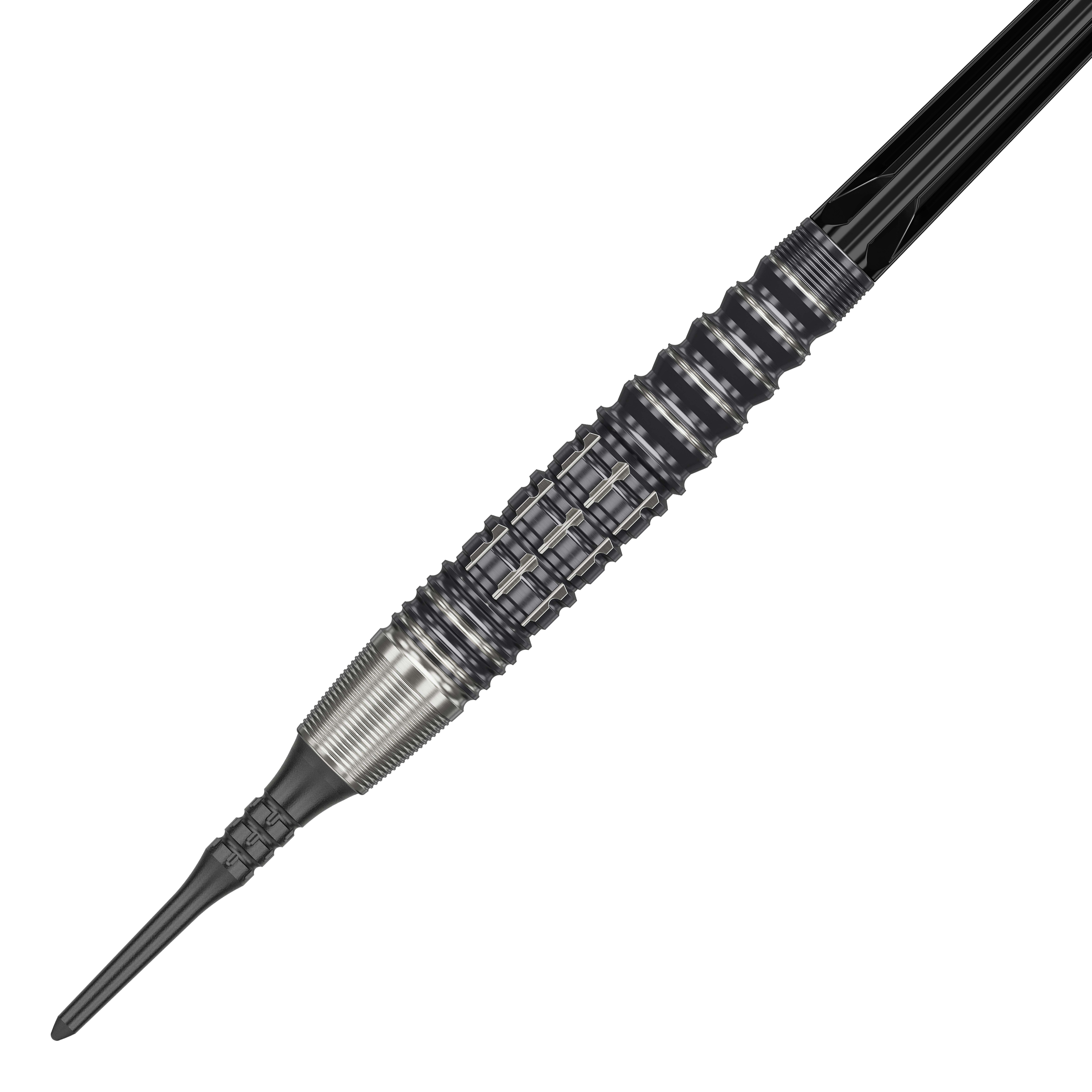 Target Japan Prime Series Harold Ching GEN1 Zenith MAX šipky s měkkým hrotem - 21g Das Bild zeigt einen Softdart aus der Target Japan Prime Series, Modell Harold Ching GEN1 Zenith MAX mit 21g Gewicht. Der Dart hat ein markantes, geriffeltes Design mit silbernen und schwarzen Elementen.