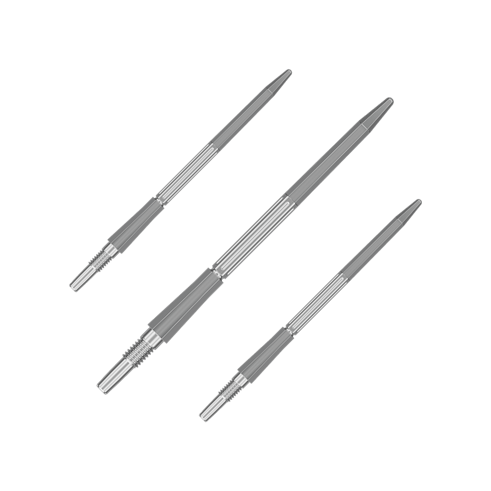 Das Bild zeigt ein Set der Target Elysian Archetype 43 SwissPoint Dartspitzen in Silber mit 42 mm Länge. Die Spitzen sind geeignet für professionelle Dartspiele.