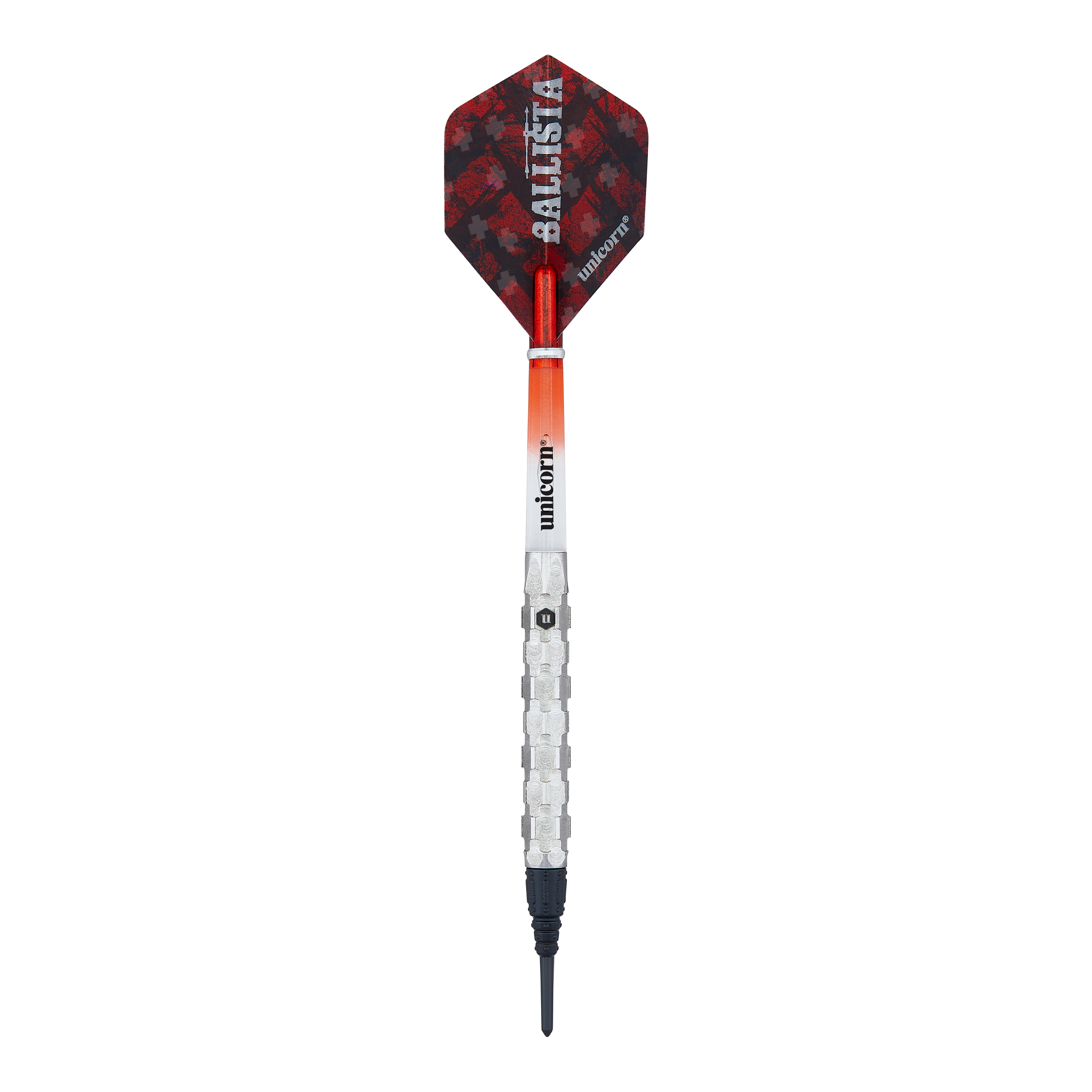 Měkké šipky Unicorn Ballista Style 1 Das Bild zeigt einen Softdartpfeil des Produkts "Unicorn Ballista Style 1 Softdarts". Der Pfeil hat einen silbernen Schaft, eine schwarze Spitze und ein rot-schwarzes Flight mit der Aufschrift "BALLISTA".