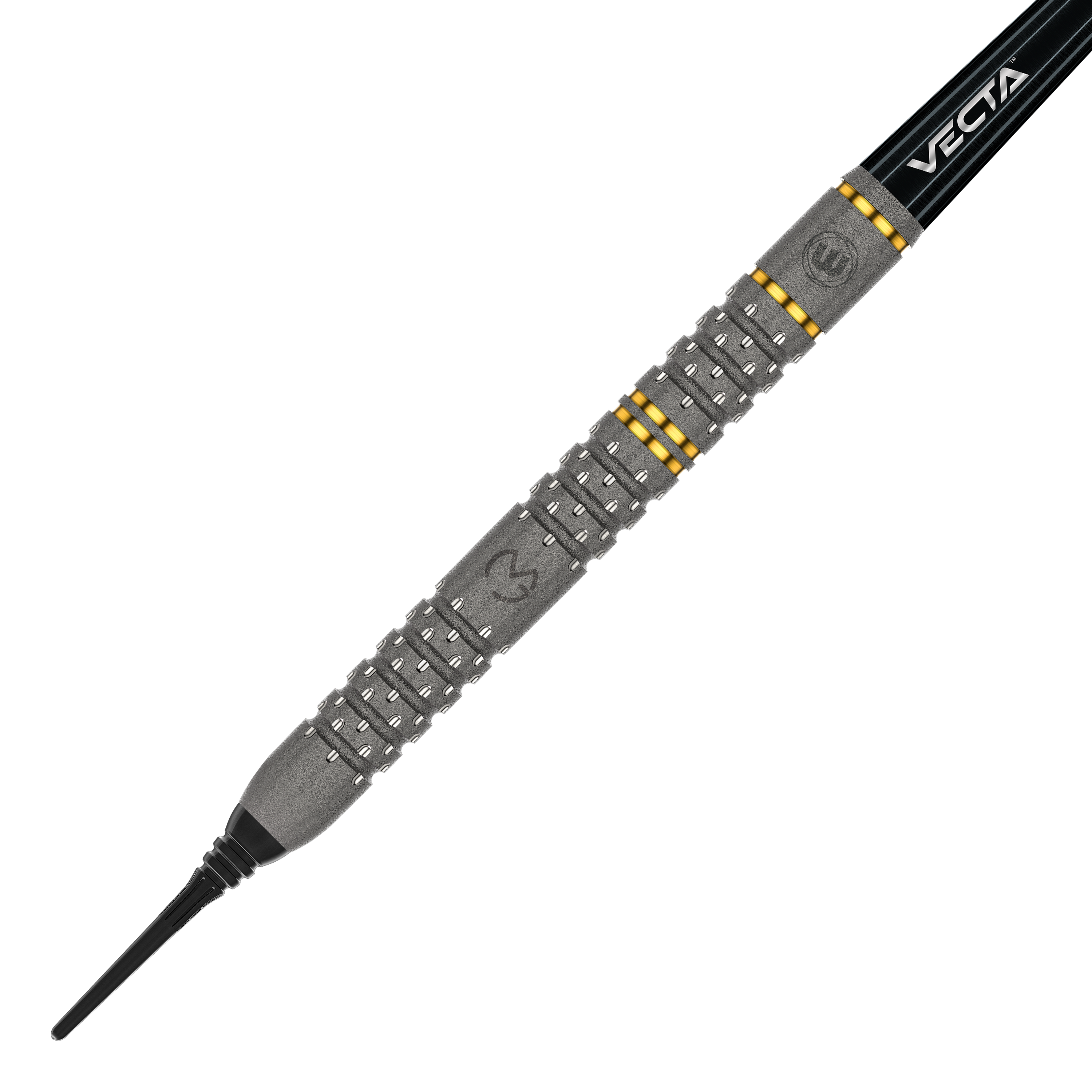 Winmau Michael Van Gerwen Evo-X Softdarts - 20g Das Bild zeigt einen Winmau Michael Van Gerwen Evo-X Softdart mit einem Gewicht von 20 Gramm. Der Dart hat ein markantes Design mit silbernen und goldenen Akzenten sowie der Aufschrift "VECTA".