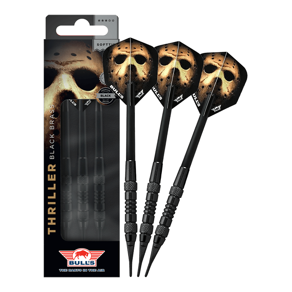 Das Bild zeigt Bulls NL Thriller Black Brass Softdarts mit 18 Gramm. Diese Softdarts zeichnen sich durch ihre schwarze Optik aus.