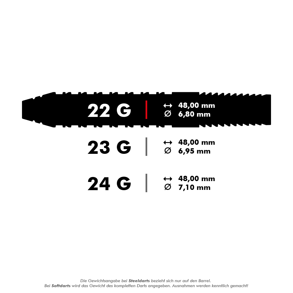Das Bild zeigt die technischen Daten von Steeldarts mit den Gewichten 22 g, 23 g und 24 g. Für jedes Gewicht werden die Länge von 48,00 mm und unterschiedliche Durchmesser angegeben.