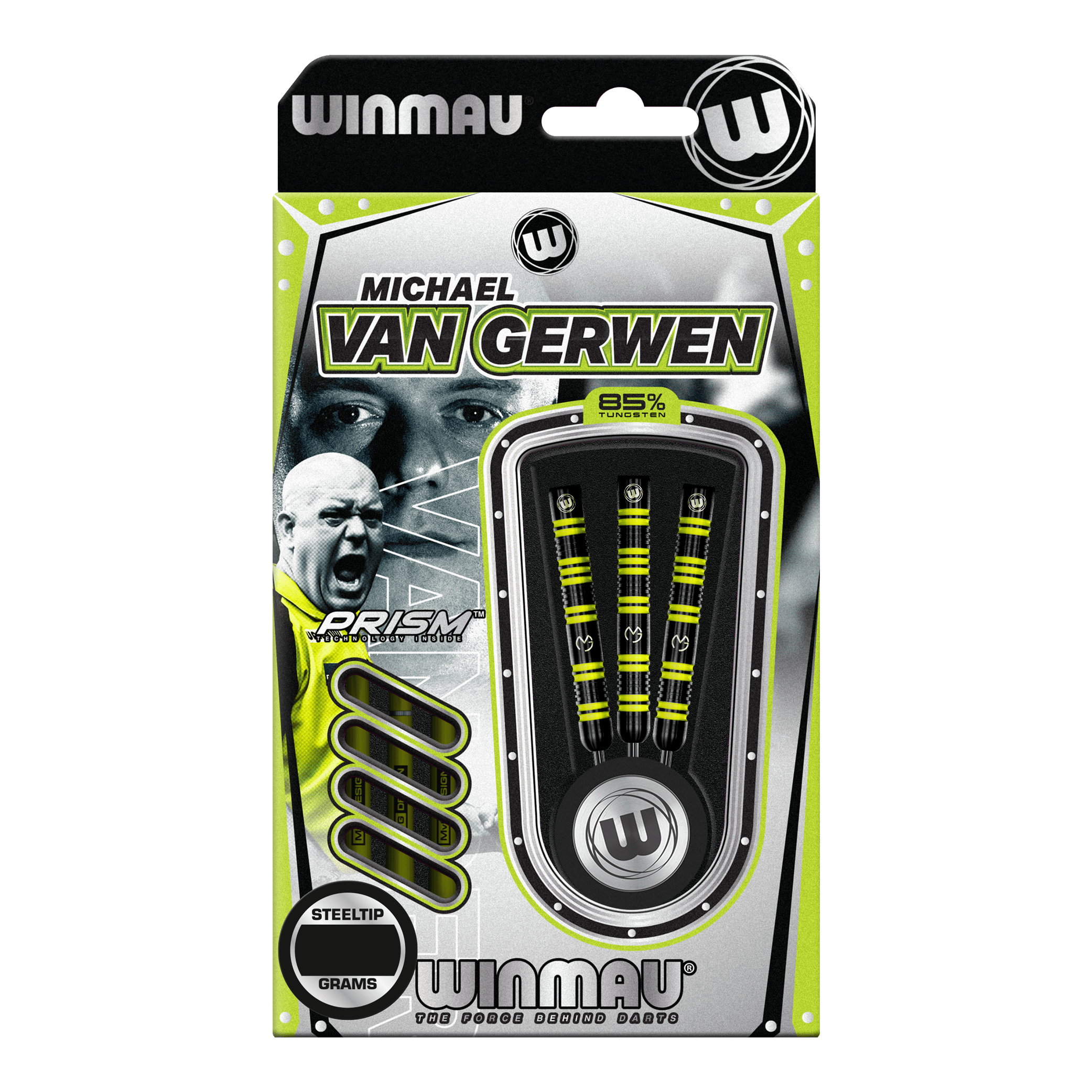 Ocelové šipky Winmau Michael Van Gerwen 85 Pro-Series Das Bild zeigt eine Packung Winmau Michael Van Gerwen 85 Pro-Series Steeldarts. In der Verpackung sind drei Dartpfeile mit gelb-schwarzem Design sichtbar.