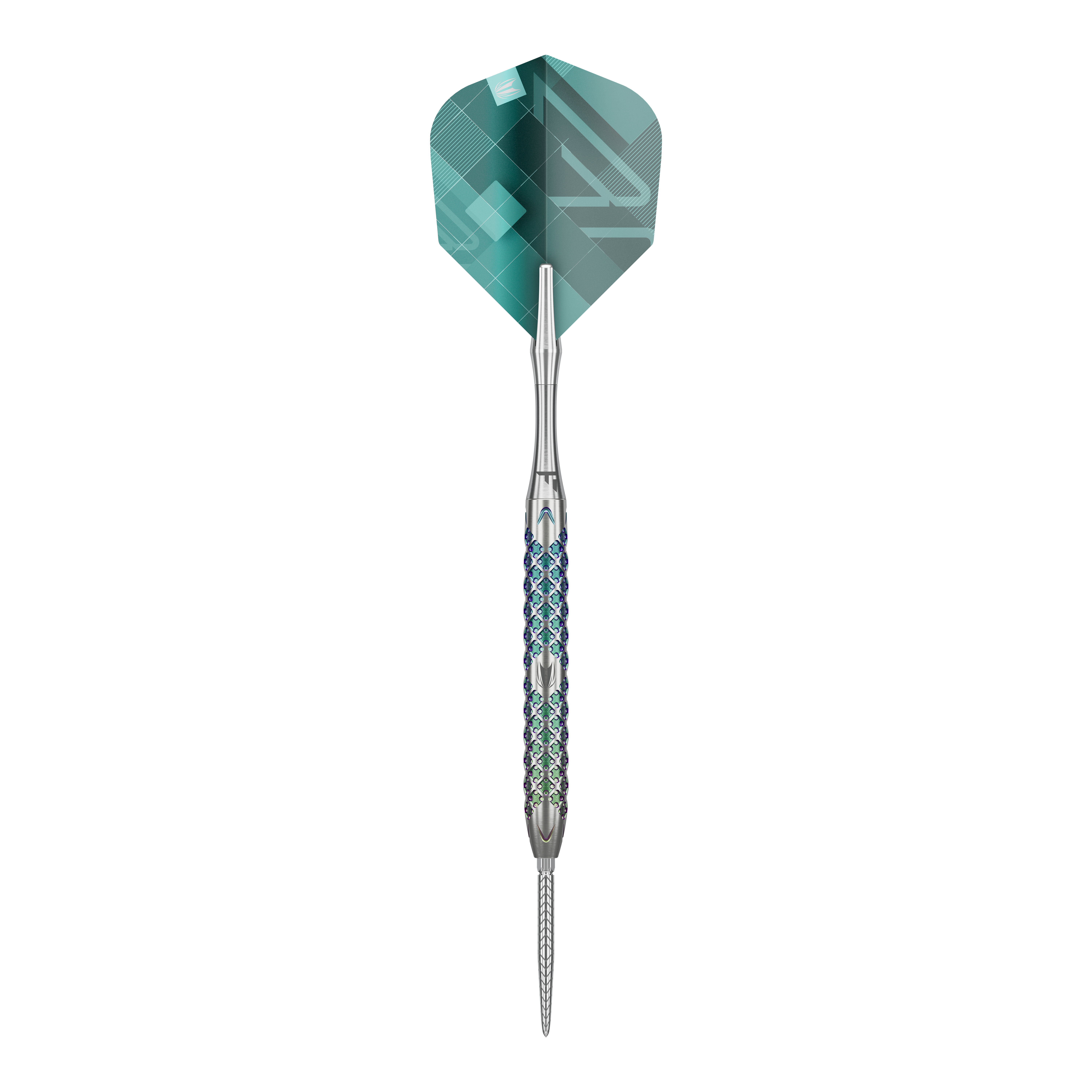 Ocelové šipky Target Rove 01 Swiss Point Das Bild zeigt den Target Rove 01 Swiss Point Steeldart. Der Dart hat ein silbernes Barrel mit einem blauen Muster und grüne Flights.