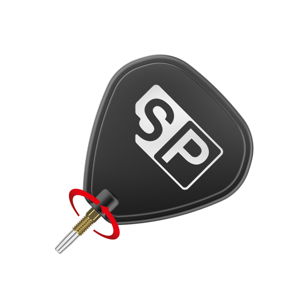 Zaměřte hroty šipek Swiss Point Gold Das Bild zeigt eine schwarze Dart-Flügel mit den weißen Buchstaben "SP" darauf. Unten ist eine goldene Dartspitze mit einem roten Pfeil, der eine Drehbewegung anzeigt.