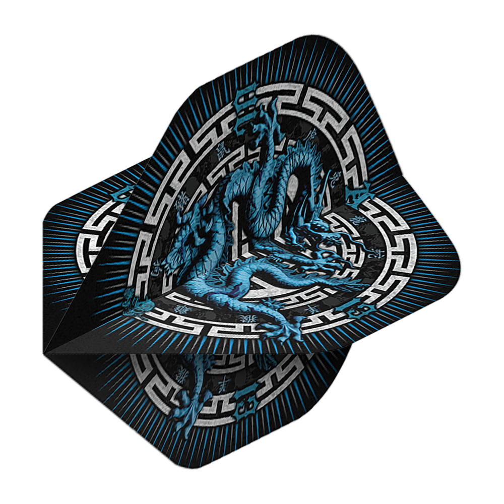 Dieses Bild zeigt die "Alchemy Year Of The Dragon No2 Standard Flights". Auf den Flights ist ein blauer Drache mit asiatischem Muster auf schwarzem Hintergrund abgebildet.