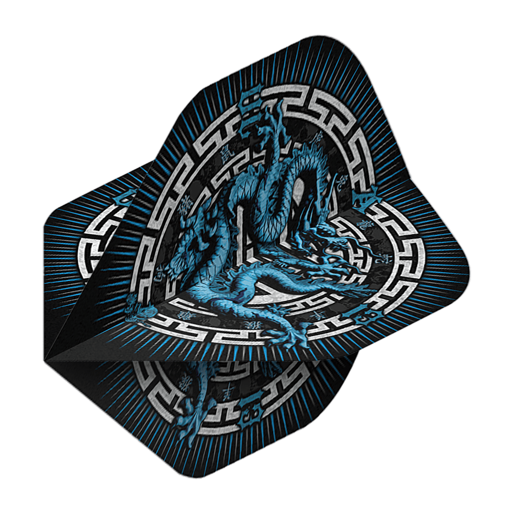 Alchemy Rok draka č. 2 Standardní lety Dieses Bild zeigt die "Alchemy Year Of The Dragon No2 Standard Flights". Auf den Flights ist ein blauer Drache mit asiatischem Muster auf schwarzem Hintergrund abgebildet.
