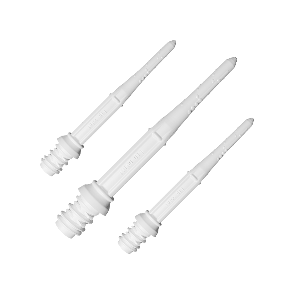 LIP43_L-Style_Premium_Lippoints_30_Softdartspitzen_30erPack_Weiss_1 Das Bild zeigt drei weiße Softdartspitzen in einer Nahaufnahme. Die Spitzen haben eine glatte Oberfläche mit kleinen Vertiefungen und einem Schraubgewinde am Ende.