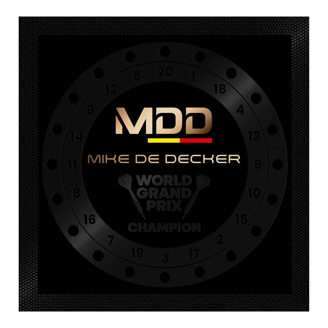 Mission Mike De Decker World Grand Prix Limited Edition Black Gold Steeldarts mit 24g ist abgebildet. Diese Steeldarts sind in eleganten Schwarz-Gold-Farben gestaltet.