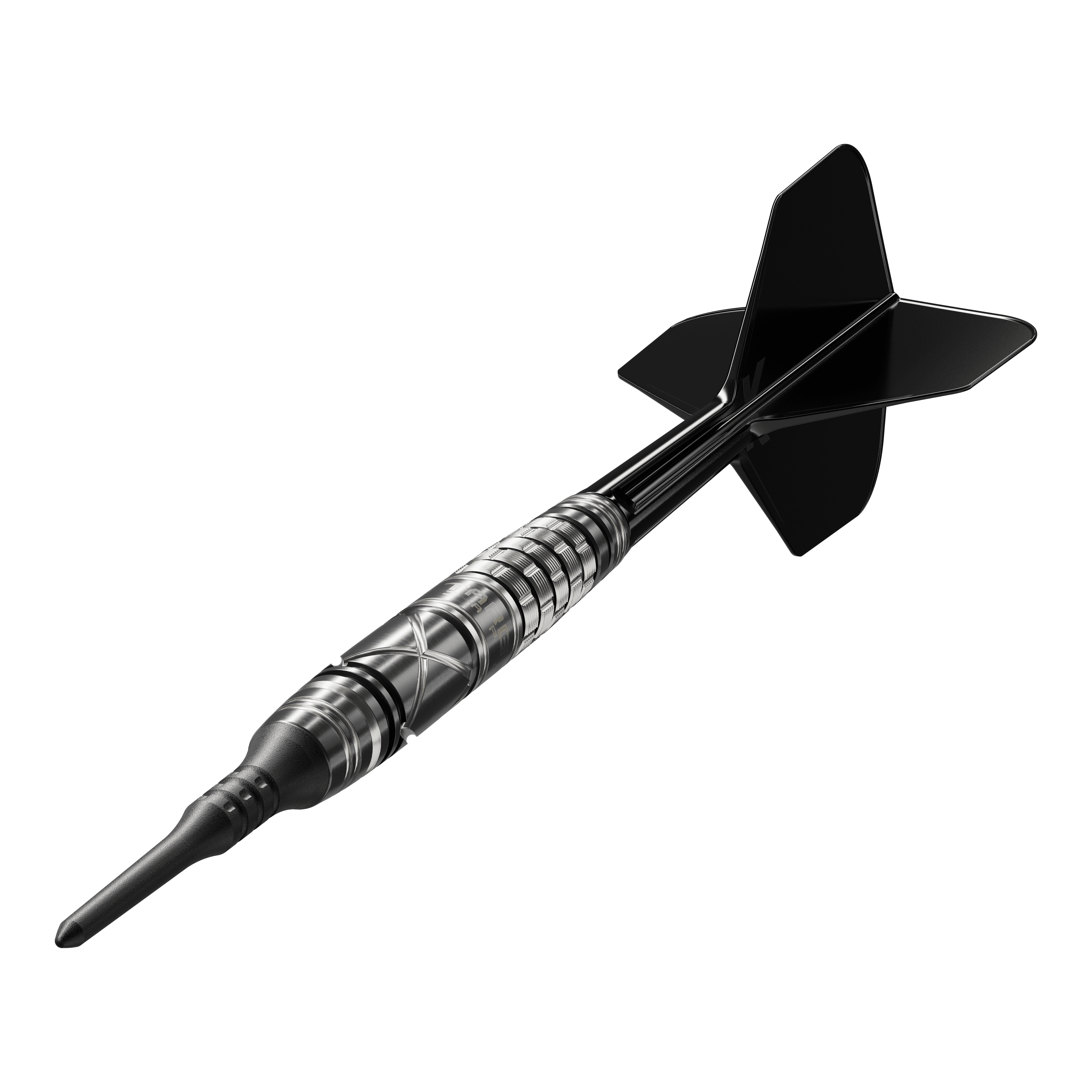 Das Bild zeigt einen Target Japan Black Marque Chaos 2 Softdart mit einem Gewicht von 19 Gramm. Der Dartpfeil ist schwarz-silbern gestaltet und hat ein modernes, stilvolles Design.