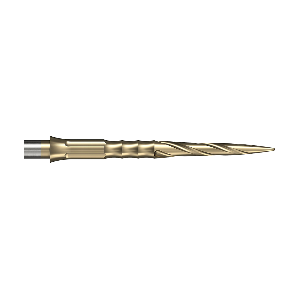 Mission Caliburn EVO System Steel Dart Tips - Spiro - No Lip - Gold - 28mm Auf dem Bild ist eine goldfarbene Steeldartspitze mit spiralförmigem Design zu sehen. Es handelt sich um die Caliburn System Steeldartspitzen Spiro No Lip in 28 mm Länge.