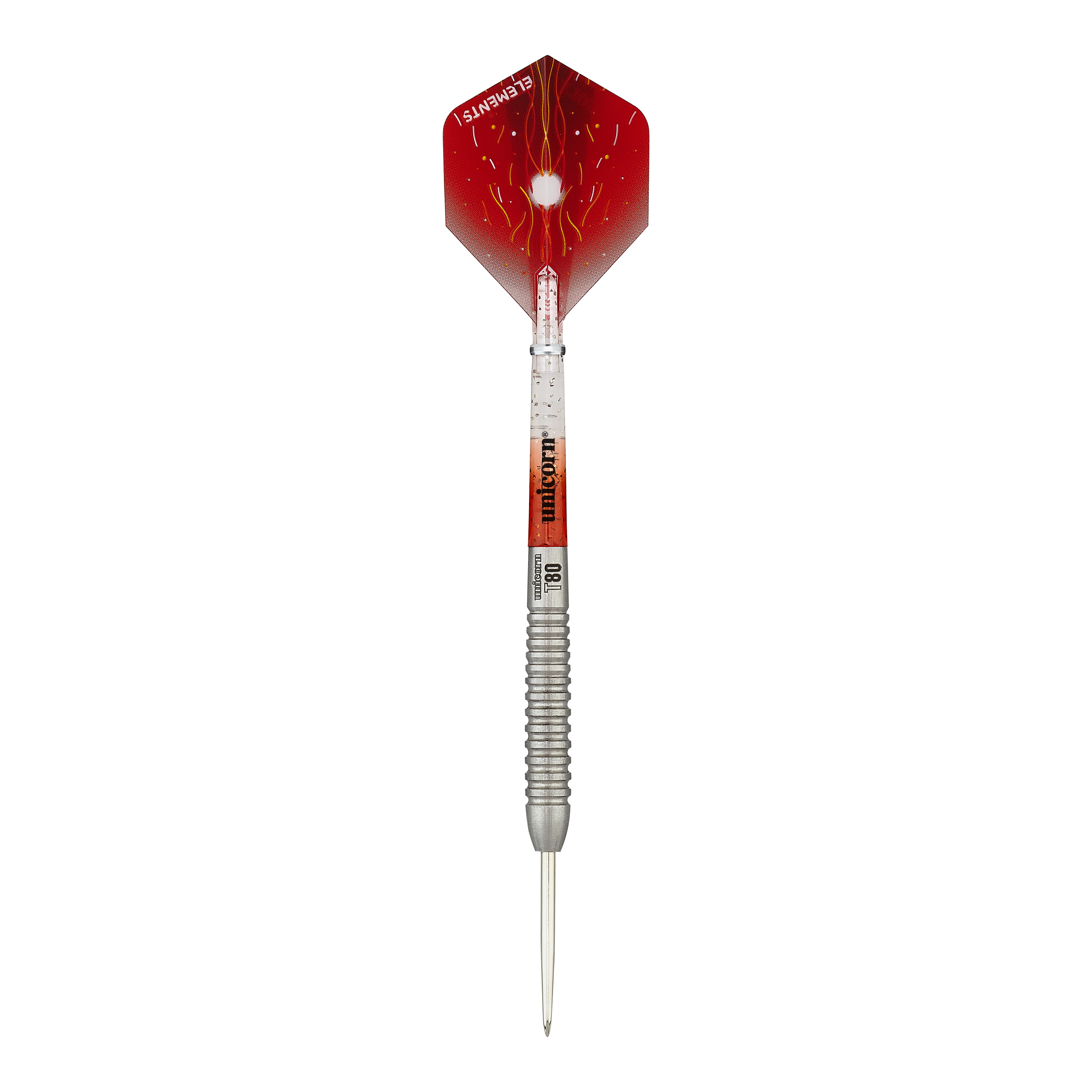 Ocelové šipky Unicorn Core XL Striker Style 5 Das Bild zeigt einen Unicorn Core XL Striker Style 5 Steeldart. Der Dart hat einen silbernen Schaft und eine rot designte Flights.