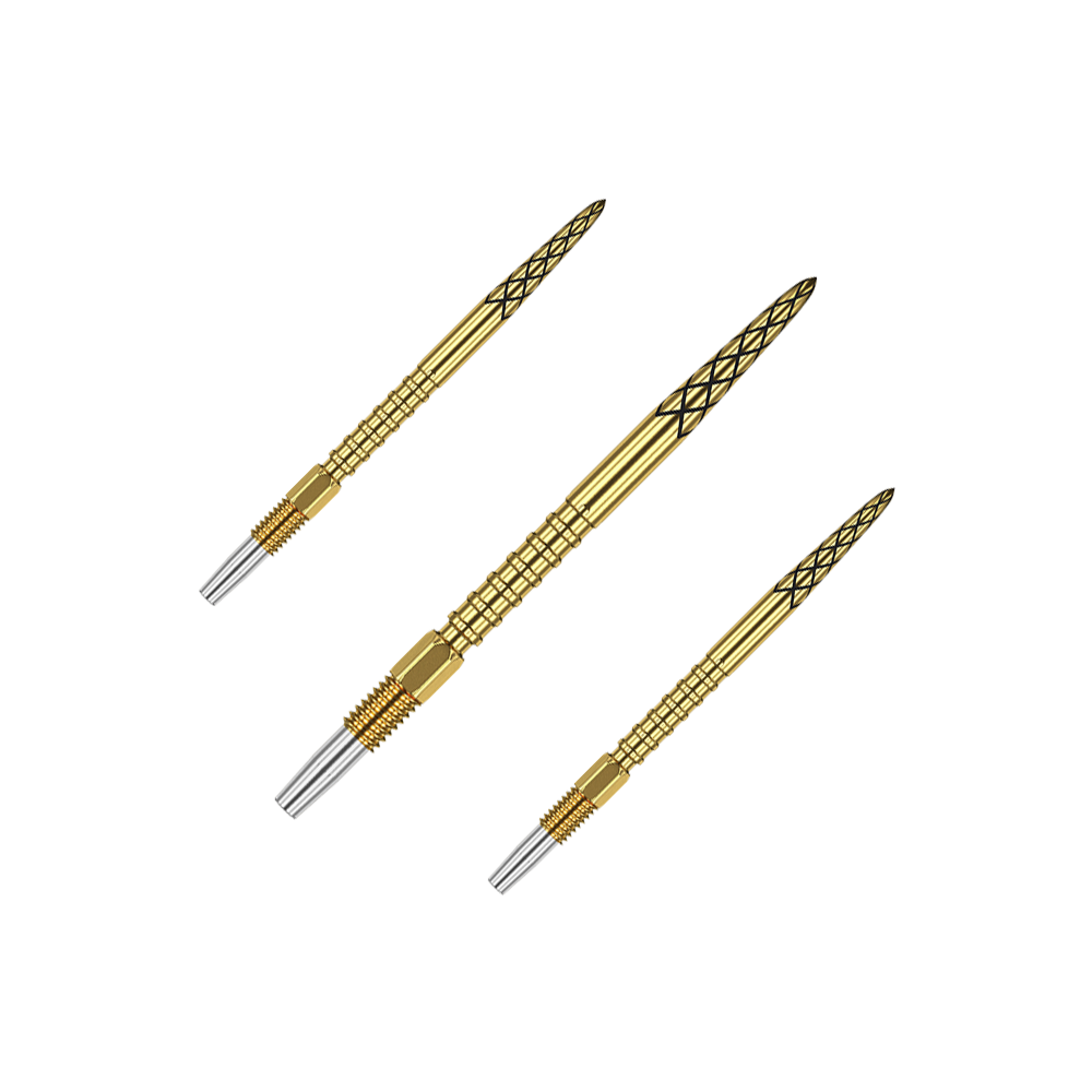 Target Swiss DS Surge Point Dart Tips – zlaté Das Bild zeigt drei goldene Dartspitzen mit silbernen Enden. Die Spitzen haben ein Rautenmuster und sind 30 mm lang.
