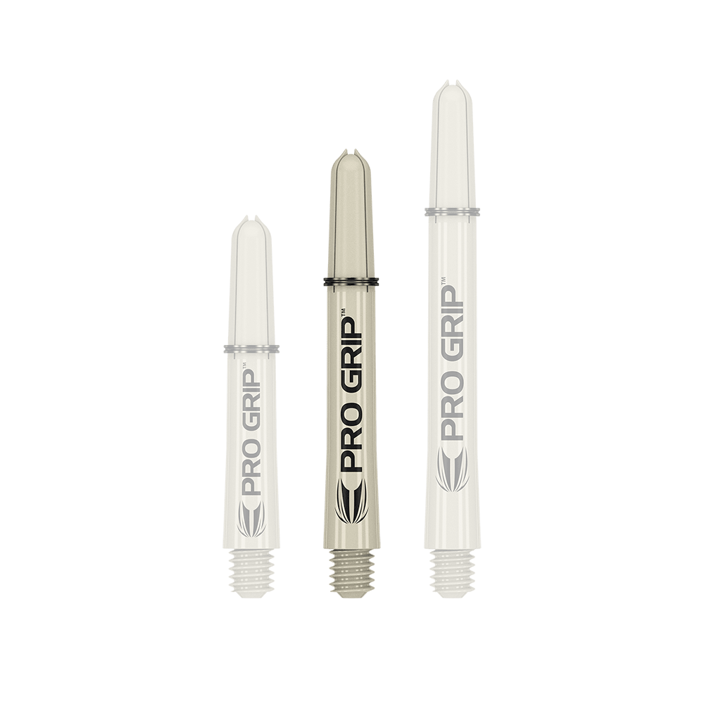 380151_Target_Pro_Grip_Shafts_Sand_41mm_1 Das Bild zeigt drei Target Pro Grip Shafts in der Farbe Sand. Sie sind in unterschiedlichen Längen angeordnet und tragen die Aufschrift "PRO GRIP".
