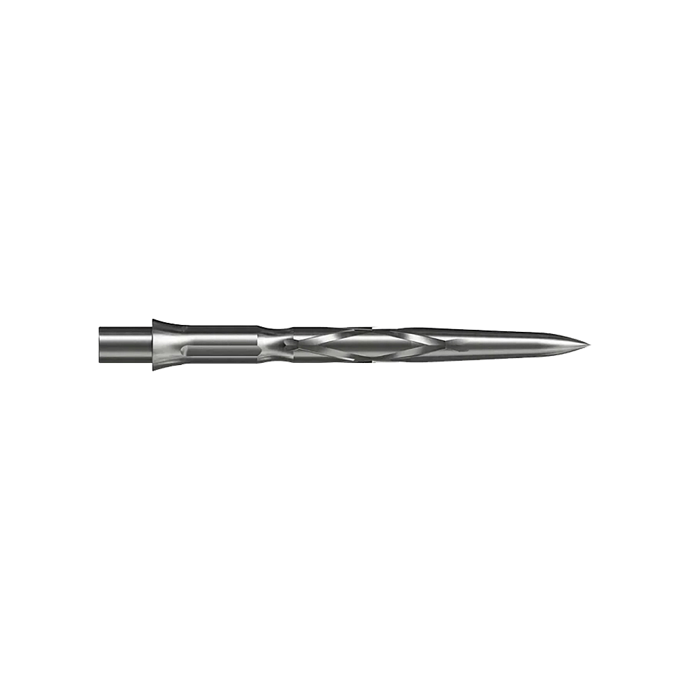 Ocelové hroty na šipky Caliburn System - HAN G2 - Stříbrné Auf dem Bild ist eine silberne Steeldartspitze mit einem spiralförmigen Muster zu sehen. Sie ist schmal und hat eine spitz zulaufende Form.