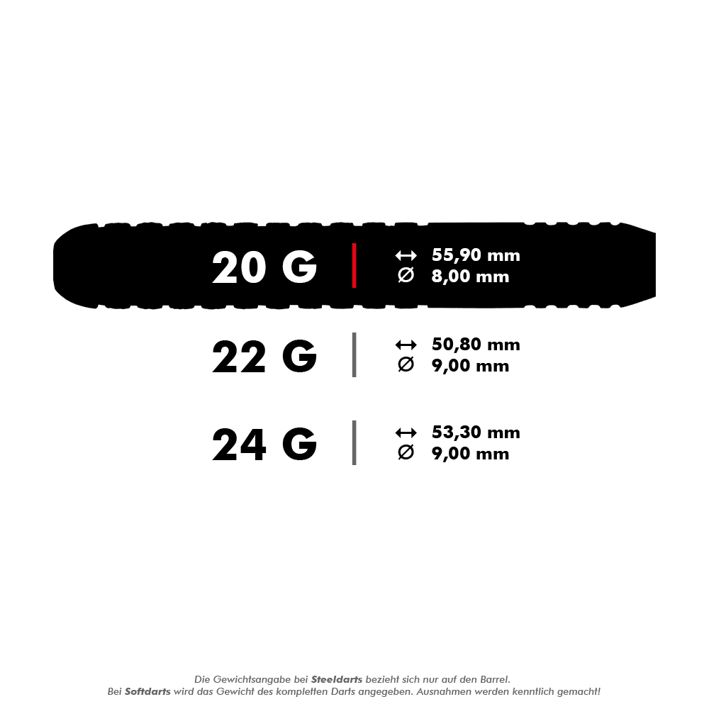 2302_Winmau_Barbarian_Tungsten_Style_Steeldarts_5_20g0xH1lcTfMvfHH Das Bild zeigt verschiedene Größen der Winmau Barbarian Tungsten Style Steeldarts. Es sind Daten zu Gewicht, Länge und Durchmesser der Darts für 20 g, 22 g und 24 g angegeben.