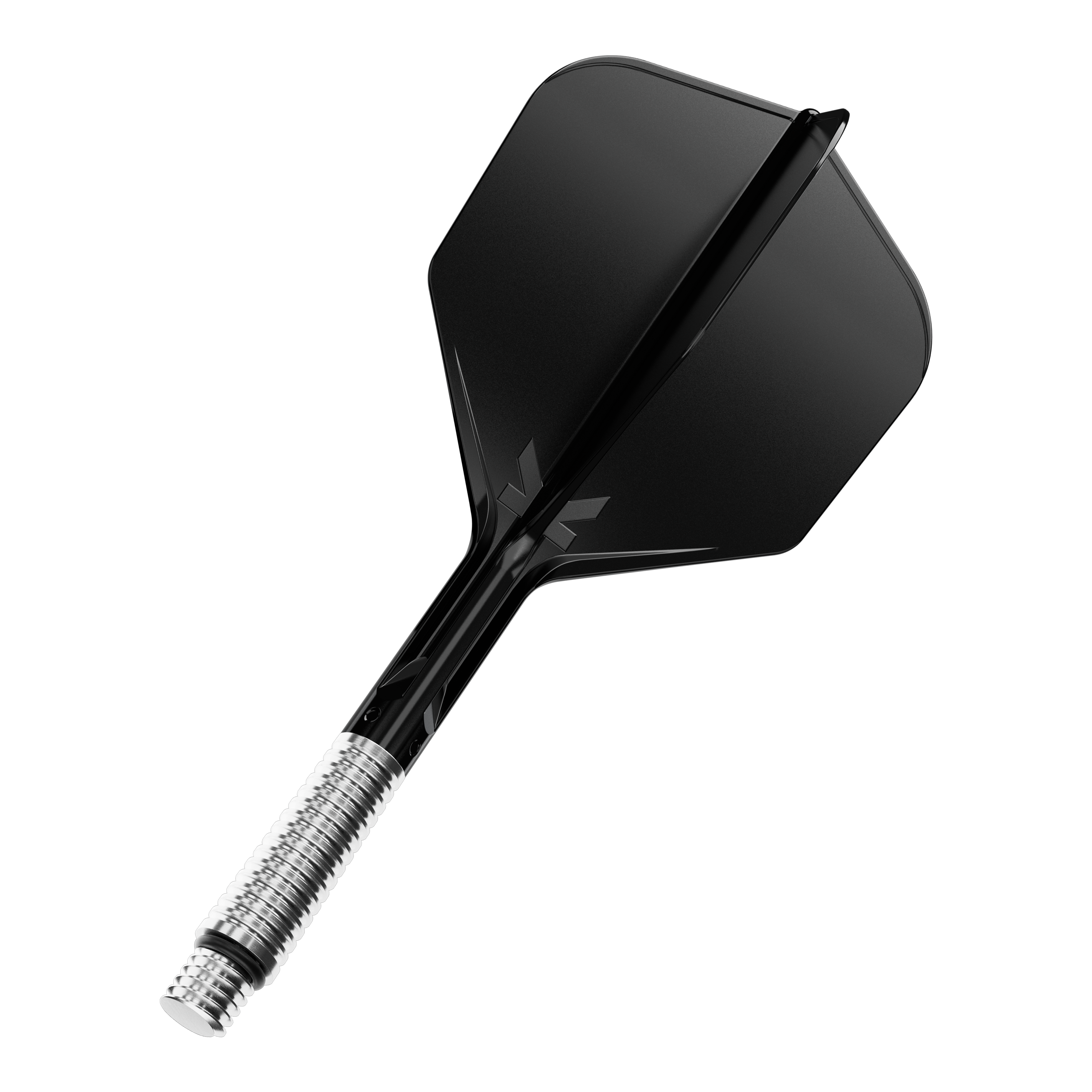 Das Bild zeigt ein Dart Flight in schwarzer Farbe mit der Beschreibung '410551 Target KShift No6 Flights Schwarz 33mm'. Es ist ein Ersatzteil für Dartpfeile.