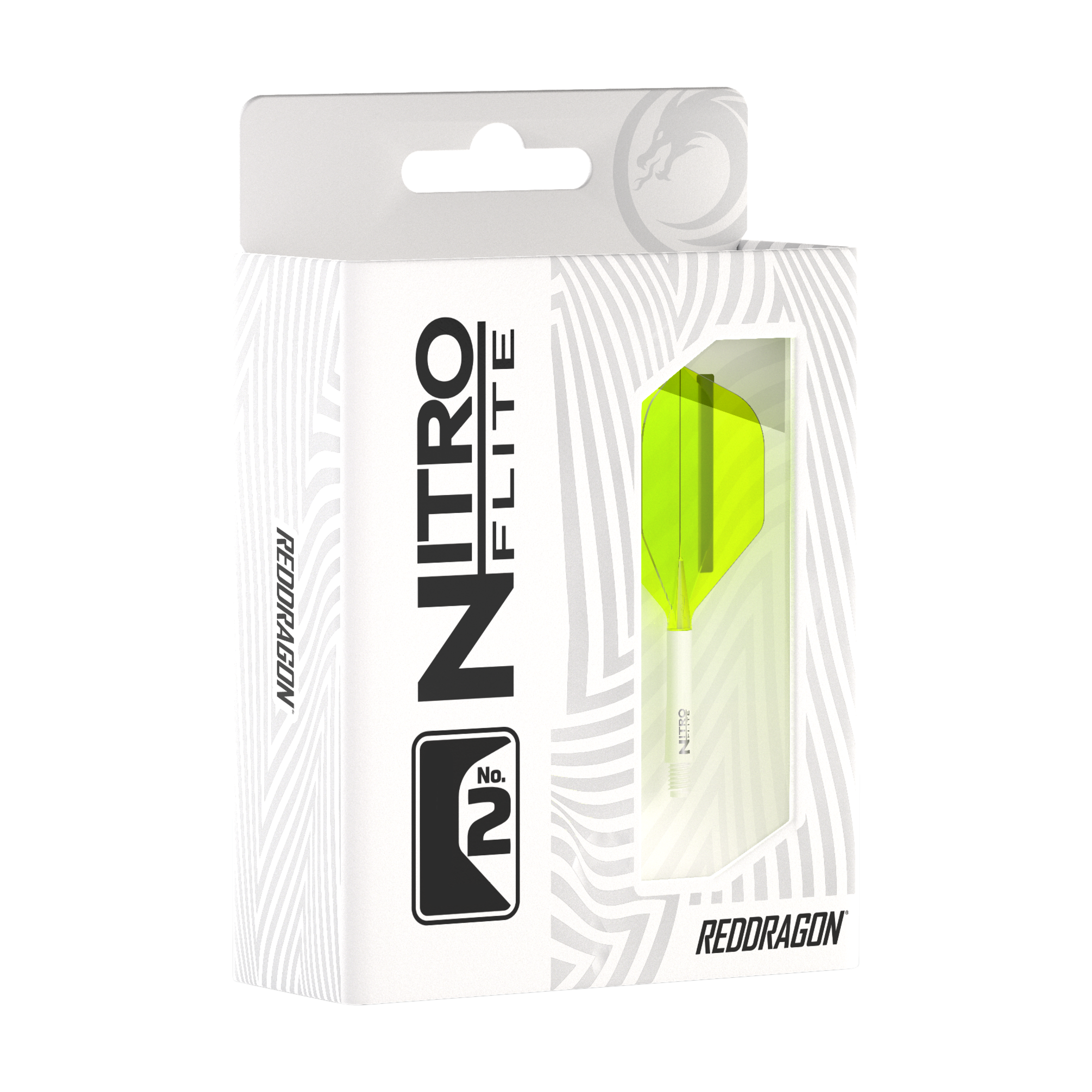 Red Dragon Nitroplite - Bílá šachta Žlutá č. 2 letky Die Abbildung zeigt eine Verpackung des Produkts "Red Dragon Nitroflite - White Shaft Yellow No2 Flights". In der Schachtel ist ein gelber Dart-Flügel mit weißem Schaft sichtbar.