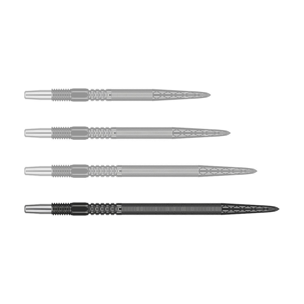 Šipkové hroty Target Swiss Point DX - černé Auf dem Bild sind vier schwarze Dartspitzen in einer Reihe zu sehen. Die Spitzen haben ein silbernes Ende und ein fein strukturiertes, geriffeltes Design.