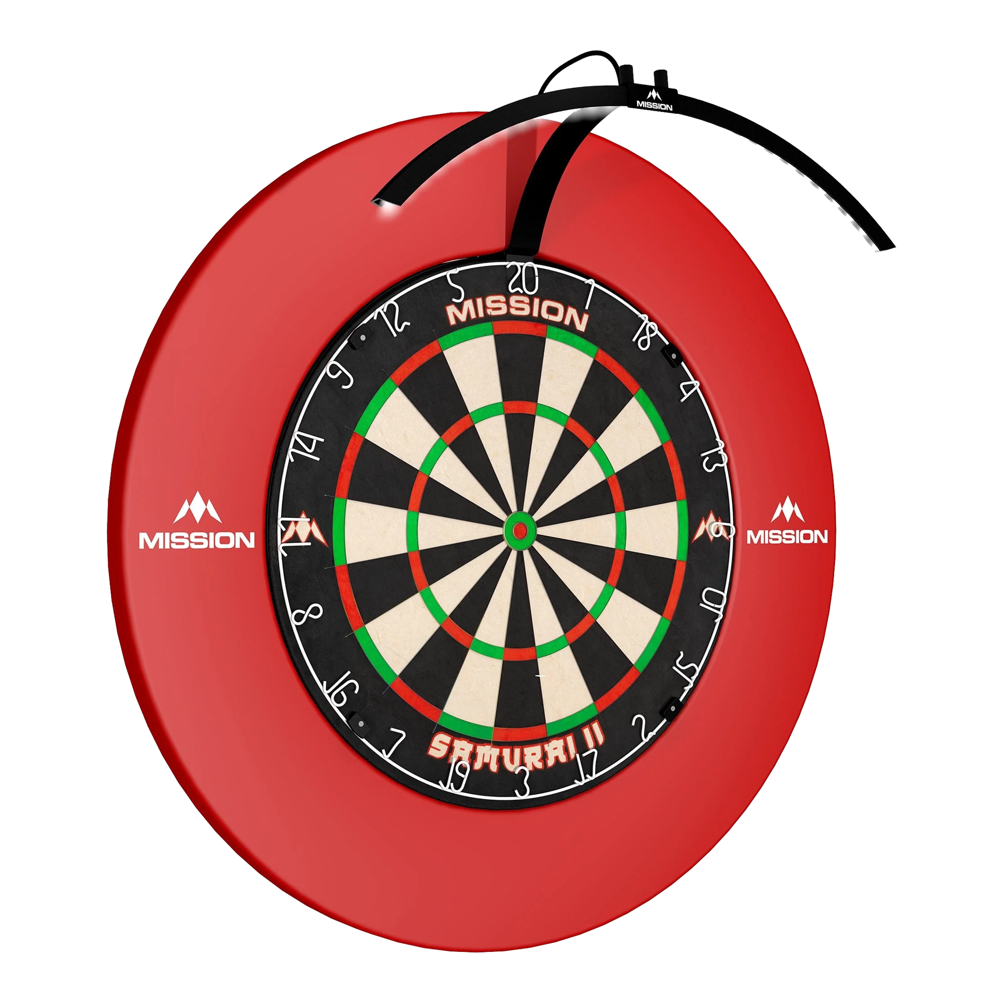 Das Bild zeigt das "Mission Torus 100 Faltbare LED Dartboard Beleuchtung" an einem Dartboard befestigt. Die LED-Beleuchtung sorgt für eine optimale Ausleuchtung der Dartscheibe.