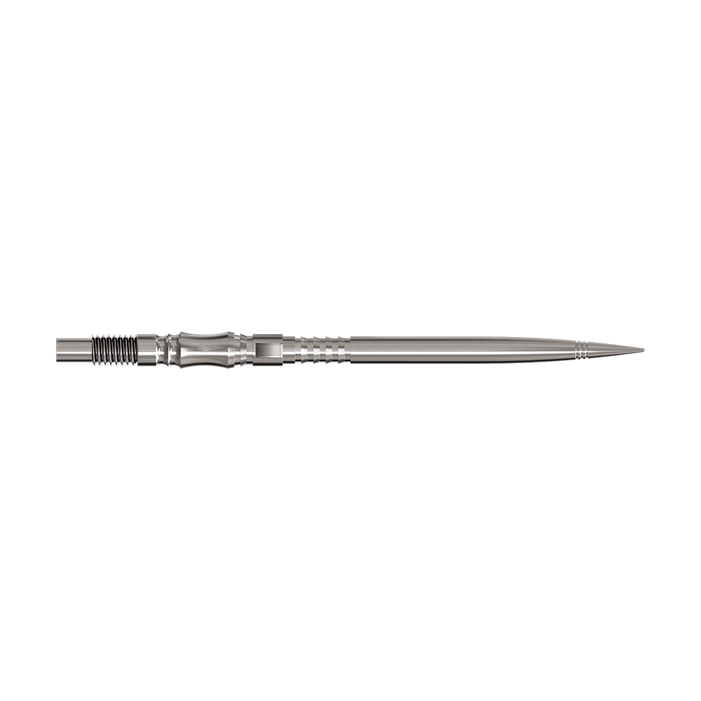 Axis Silver Elite Serie Dartspitzen in 40mm Länge werden gezeigt. Sie sind silberfarben und fein gearbeitet.