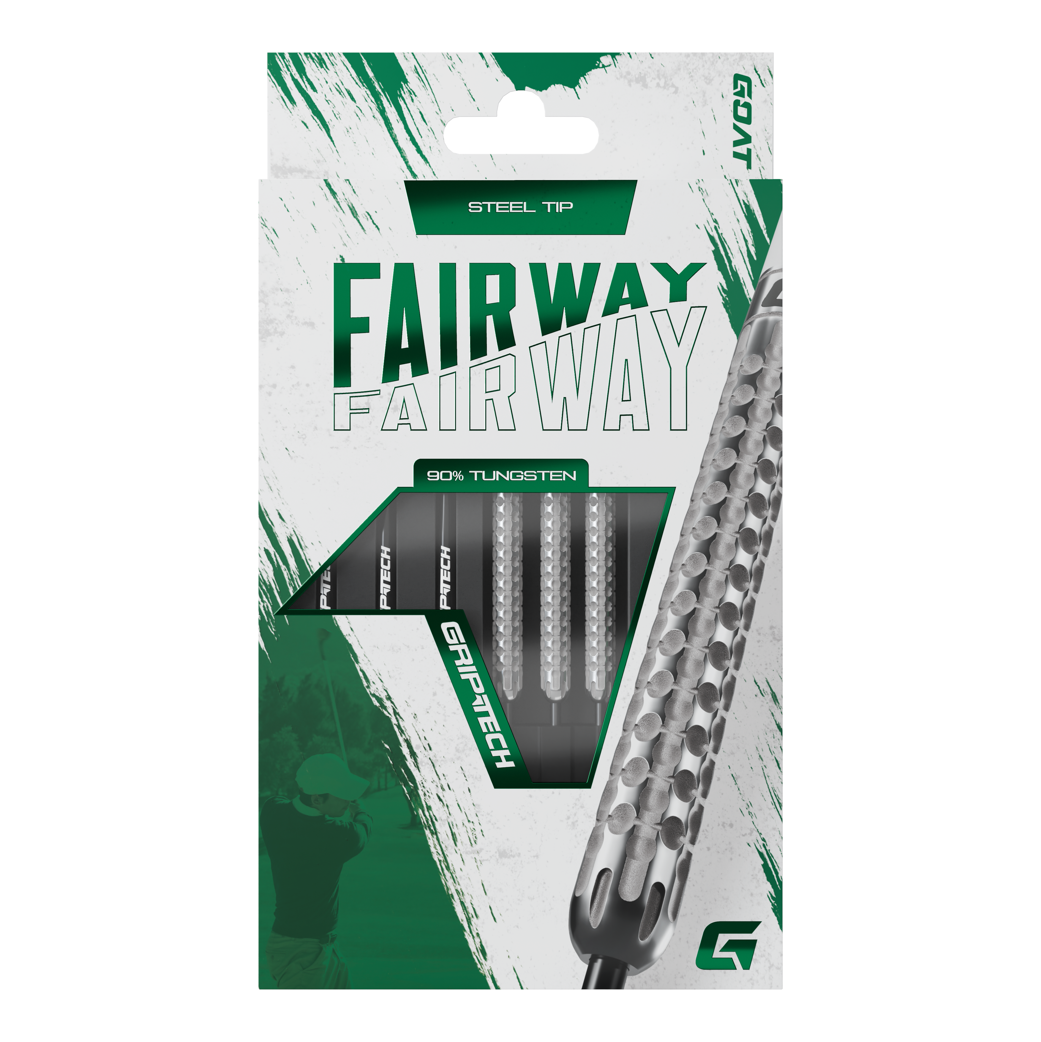 Šipky GOAT Fairway V1 z wolframové oceli Die Abbildung zeigt eine Verpackung der GOAT Fairway V1 Tungsten Steeldarts. Die Darts haben eine Stahlspitze und bestehen zu 90% aus Tungsten.