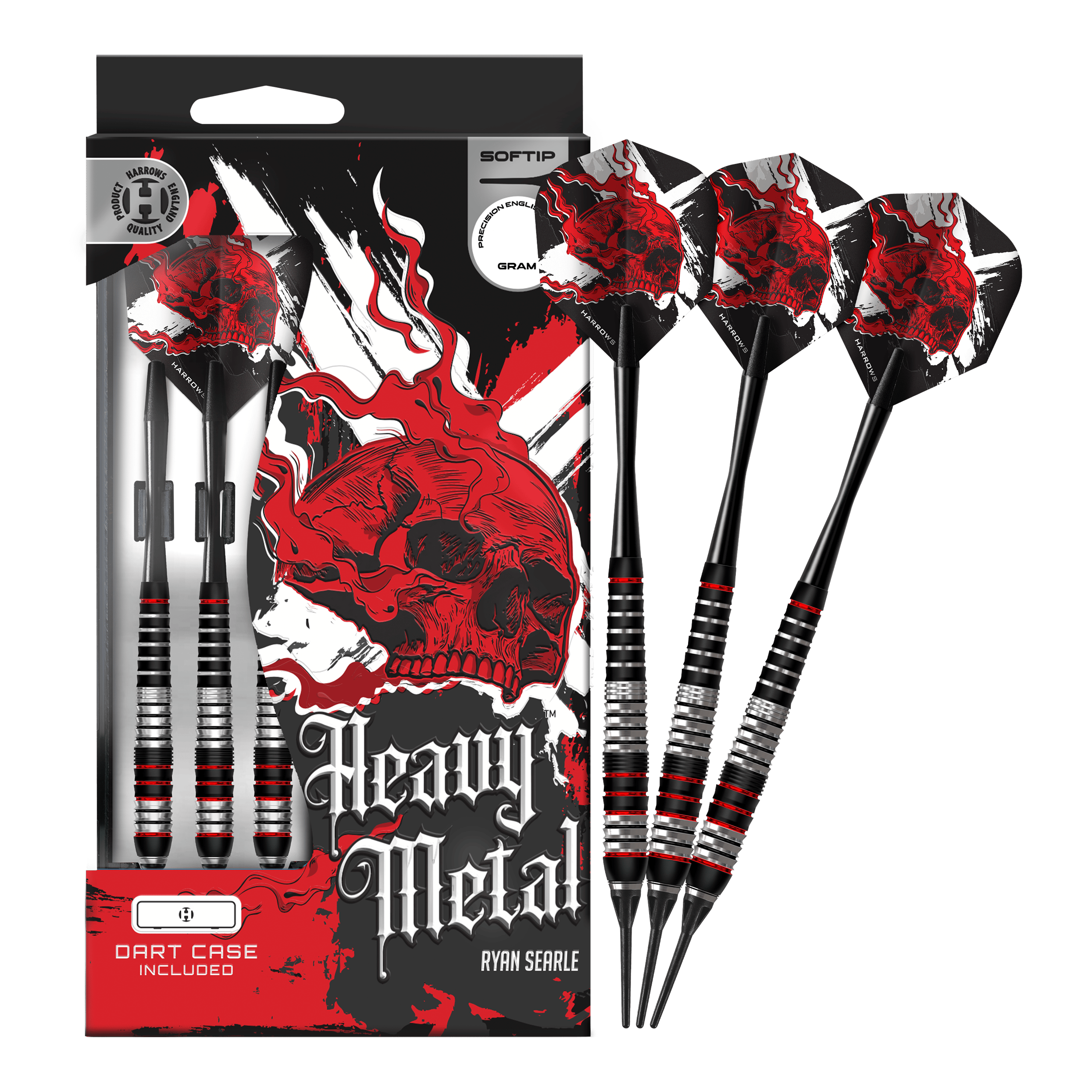 Šipky Harrows Heavy Metal Ryan Searle Brass Soft Das Foto zeigt die Harrows Heavy Metal Ryan Searle Brass Softdarts in voller Länge. Die Darts sind komplett abgebildet und liegen nebeneinander.