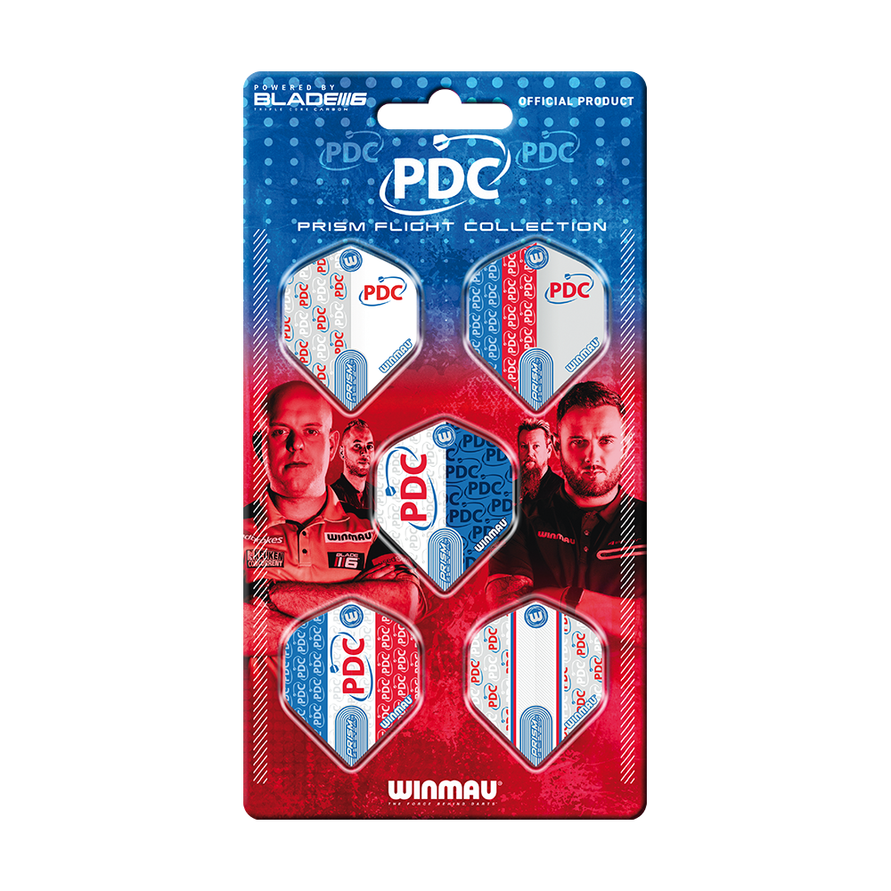 Kolekce Winmau PDC Prism Flight Das Bild zeigt die "Winmau PDC Prism Flight Collection", eine offizielle Sammlung von Dart-Flights. Die Verpackung ist blau-rot gestaltet und zeigt fünf verschiedene Flights sowie Bilder von Dartspielern.