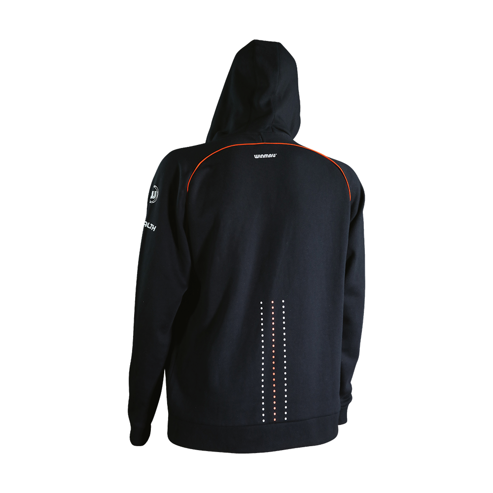 8418_Winmau_Pro-Line_Blade6_Hoodie_Kaputzenjacke_2 Die Abbildung zeigt die Rückseite einer schwarzen Winmau Pro-Line Blade 6 Kapuzenjacke. Auf dem Rücken sind orangene und weiße Akzente sowie das Winmau-Logo zu sehen.