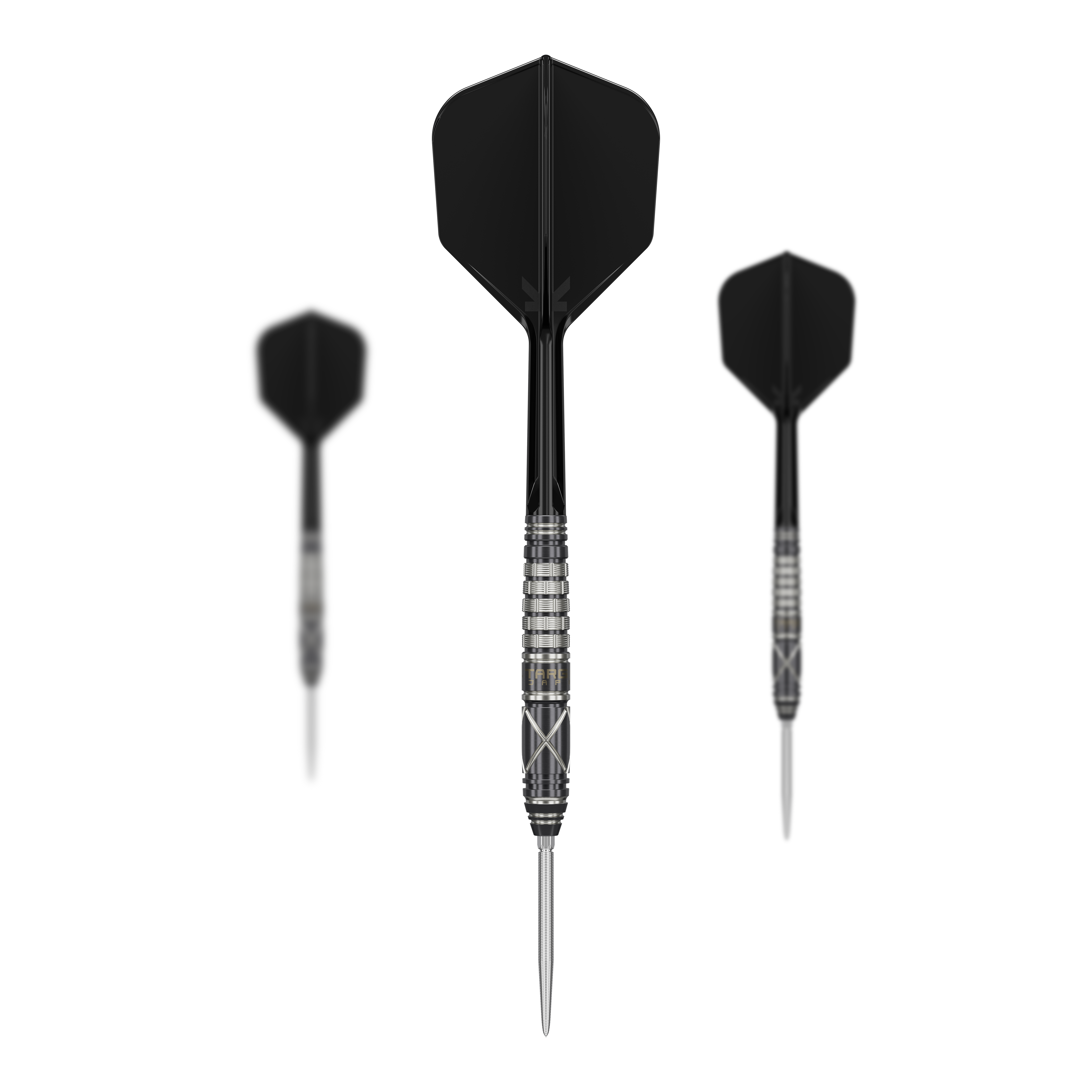 Ocelové šipky Target Japan Black Marque Chaos 2 SP Das Bild zeigt drei schwarze Steeldarts des Produkts „Target Japan Black Marque Chaos 2 SP“. Die Darts haben silberne Spitzen und ein gerilltes Griffstück.
