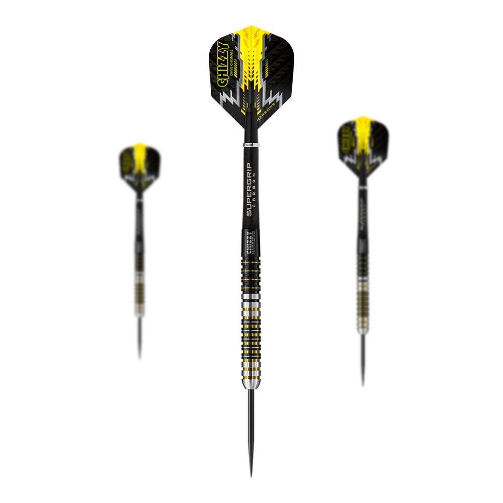 Ocelové šipky Harrow's Dave Chisnall Chizzy Das Bild zeigt drei Steeldarts des Modells "Harrows Dave Chisnall Chizzy". Die Darts sind schwarz-gelb gestaltet und haben die Aufschrift "CHIZZY" auf den Flights.