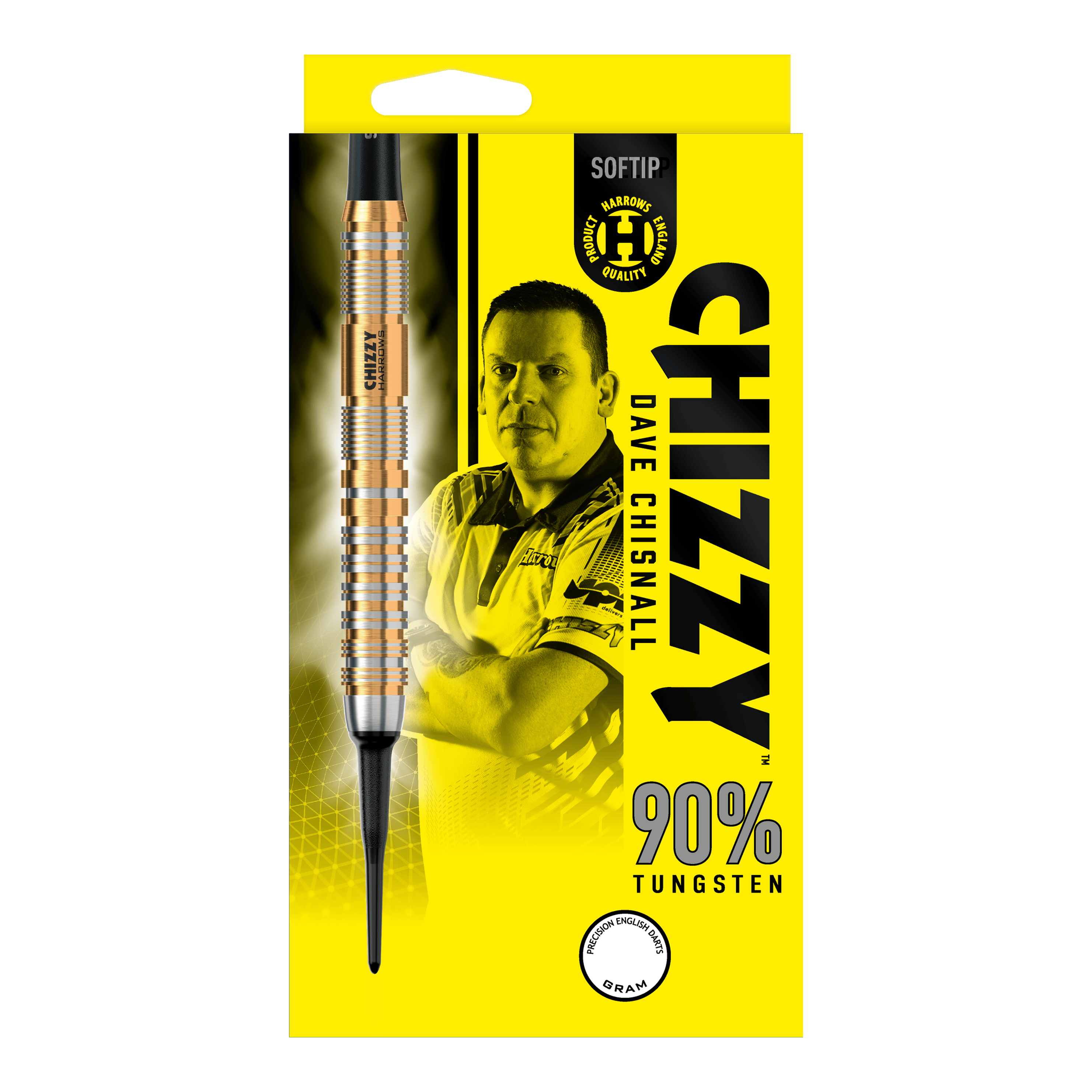 Měkké šipky Harrow's Dave Chisnall Chizzy Series 2 Die Verpackung zeigt die "Harrows Dave Chisnall Chizzy Series 2 Softdarts" mit einem Bild von Dave Chisnall. Auf der gelben Schachtel steht, dass die Darts aus 90% Tungsten bestehen.