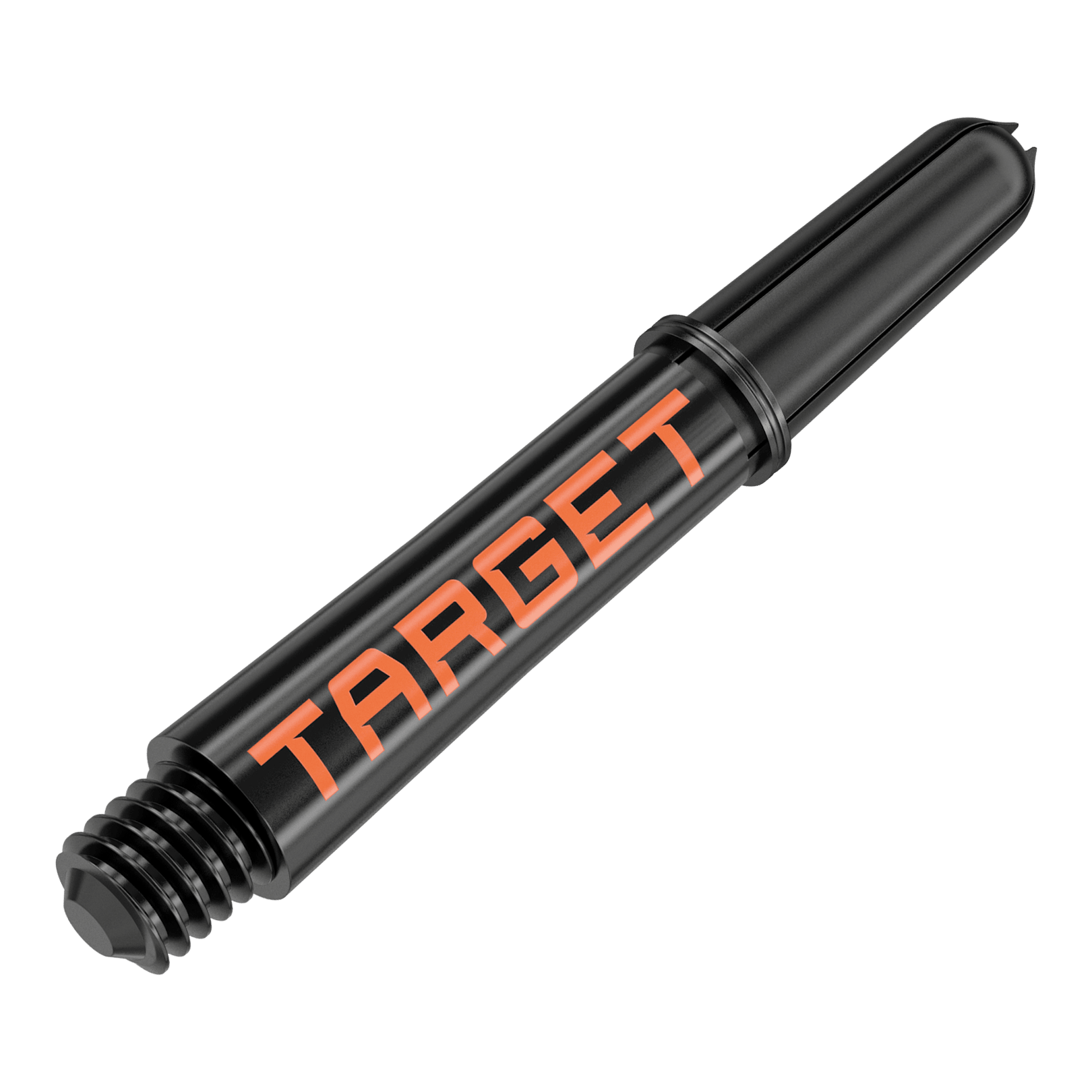 Násadky Target Pro Grip TAG - 3 sady - černo-oranžové Das Bild zeigt einen schwarzen Dart-Schaft mit orangener Aufschrift "TARGET". Er hat ein Schraubgewinde an einem Ende und ist 34 mm lang.