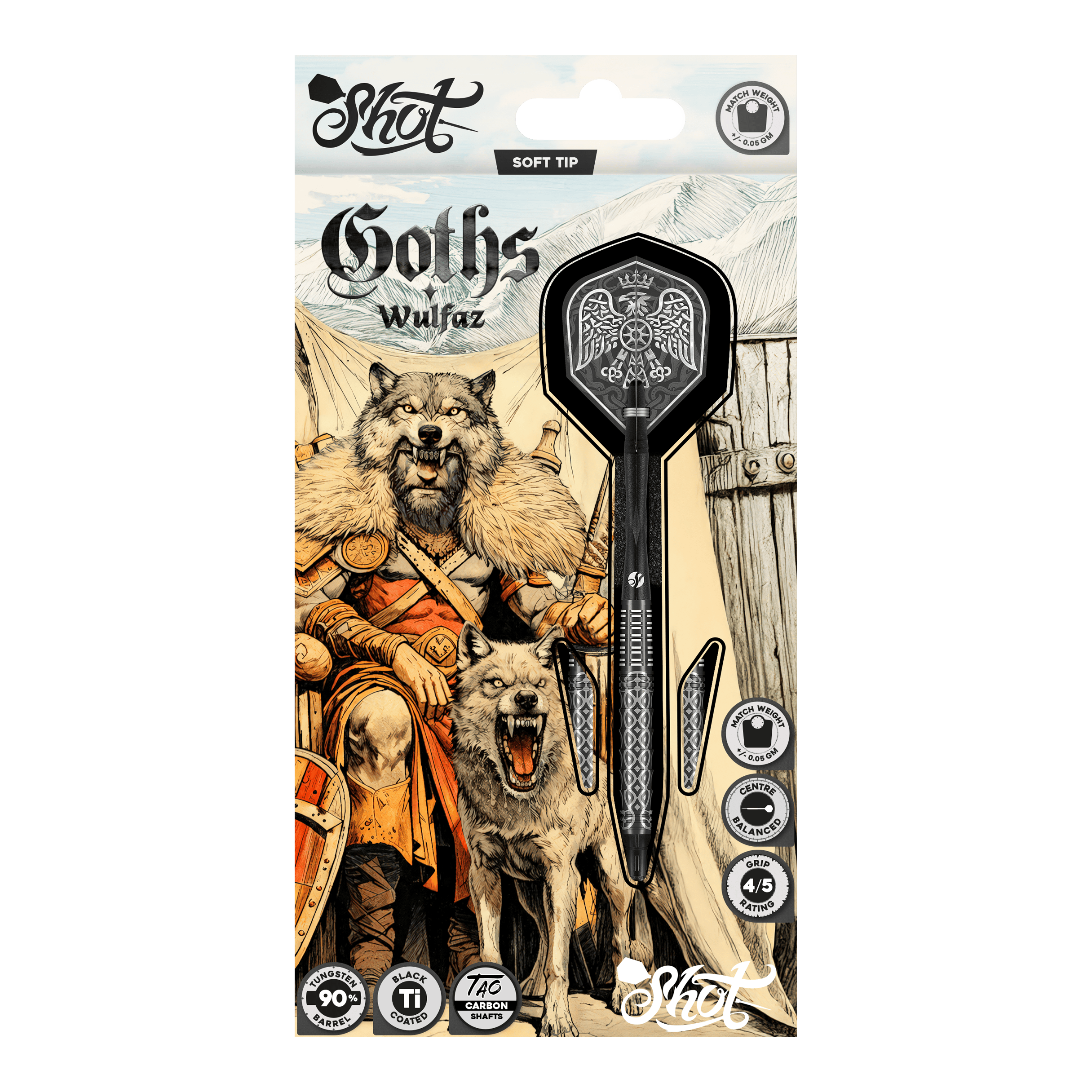 Měkké šipky Shot Goths Wulfaz - 20g Auf dem Bild sind die Shot Goths Wulfaz Softdarts mit 20g Gewicht zu sehen. Das moderne Design sorgt für ein optimales Dartspiel.