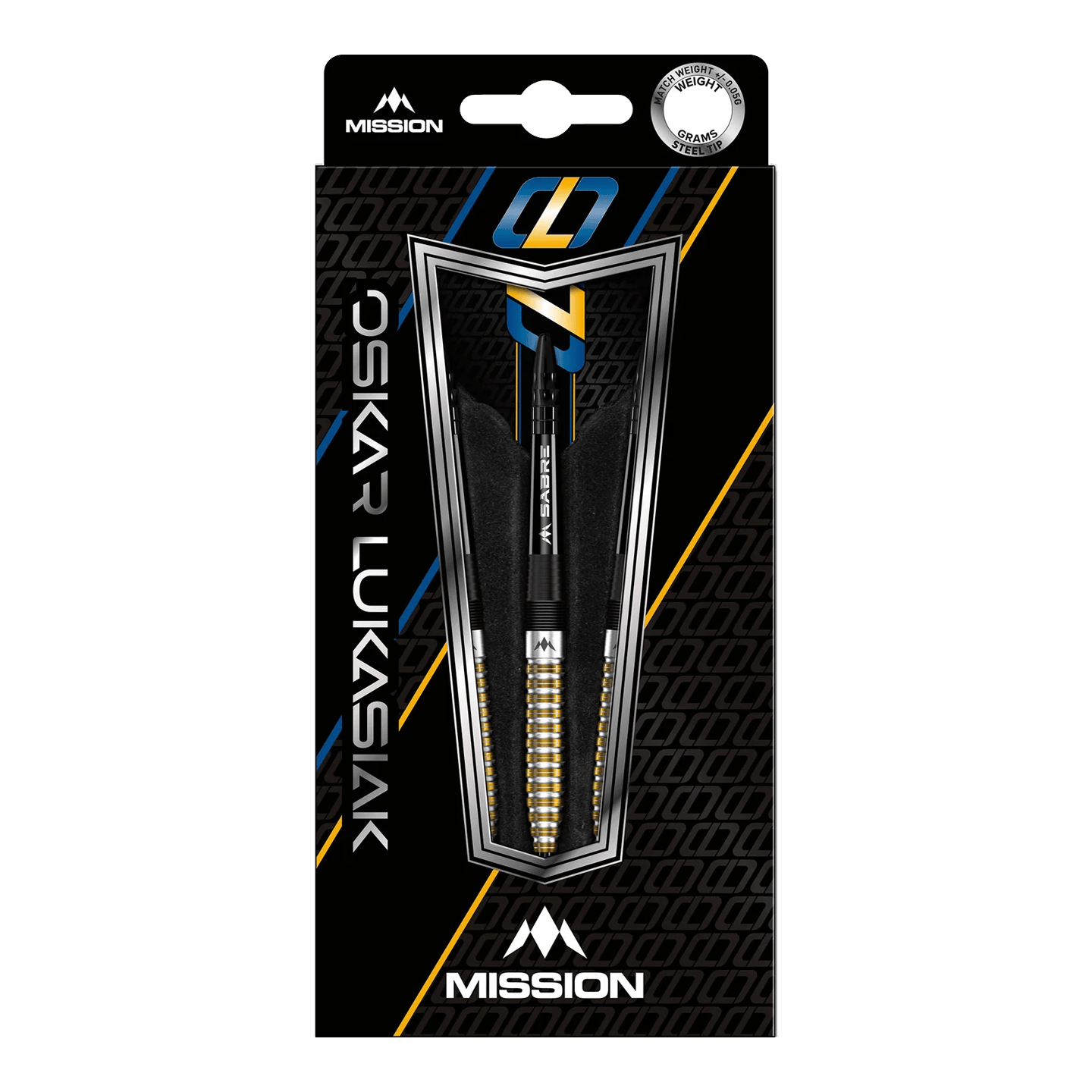 Mission Oskar Lukasiak černé zlato PVD ocelové šipky - 22g Die Abbildung zeigt die Steeldarts "Mission Oskar Lukasiak Black Gold PVD" mit einem Gewicht von 22g in ihrer Verpackung. Das Design ist schwarz-gold mit weißen und blauen Akzenten und dem Namen des Spielers auf der Vorderseite.