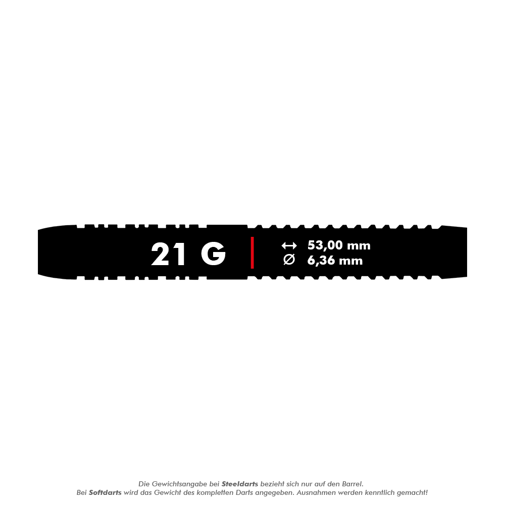 2466_Winmau_Florian_Hempel_Softdarts_5_21g Das Bild zeigt einen schwarzen Dart-Barrel mit der Aufschrift "21 G". Die Maße des Barrels sind 53,00 mm Länge und 6,36 mm Durchmesser.