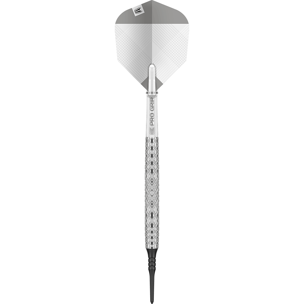 210134_Target_Nastri_10_Softdarts_1mgGQoF9nkYXG5 Das Bild zeigt einen Target Nastri 10 Softdart. Der Dartpfeil hat ein silbernes, gemustertes Griffstück und eine graue Flightscheibe.