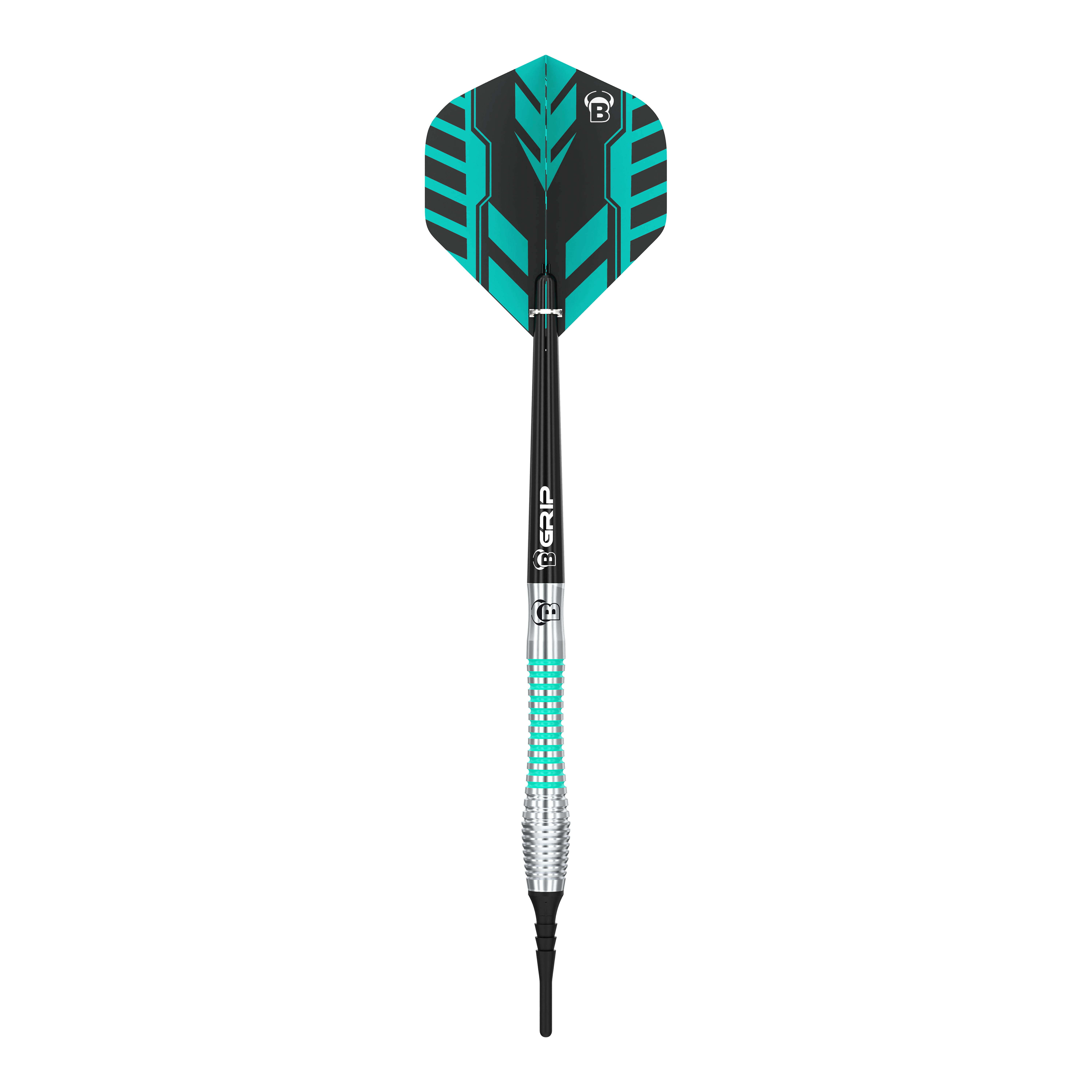 Das Bild zeigt einen Bulls Veco V2 Softdart mit auffälligem schwarz-türkisem Design. Der Dartpfeil hat einen geriffelten silbernen und türkisen Griff sowie einen schwarzen Schaft und Flight.