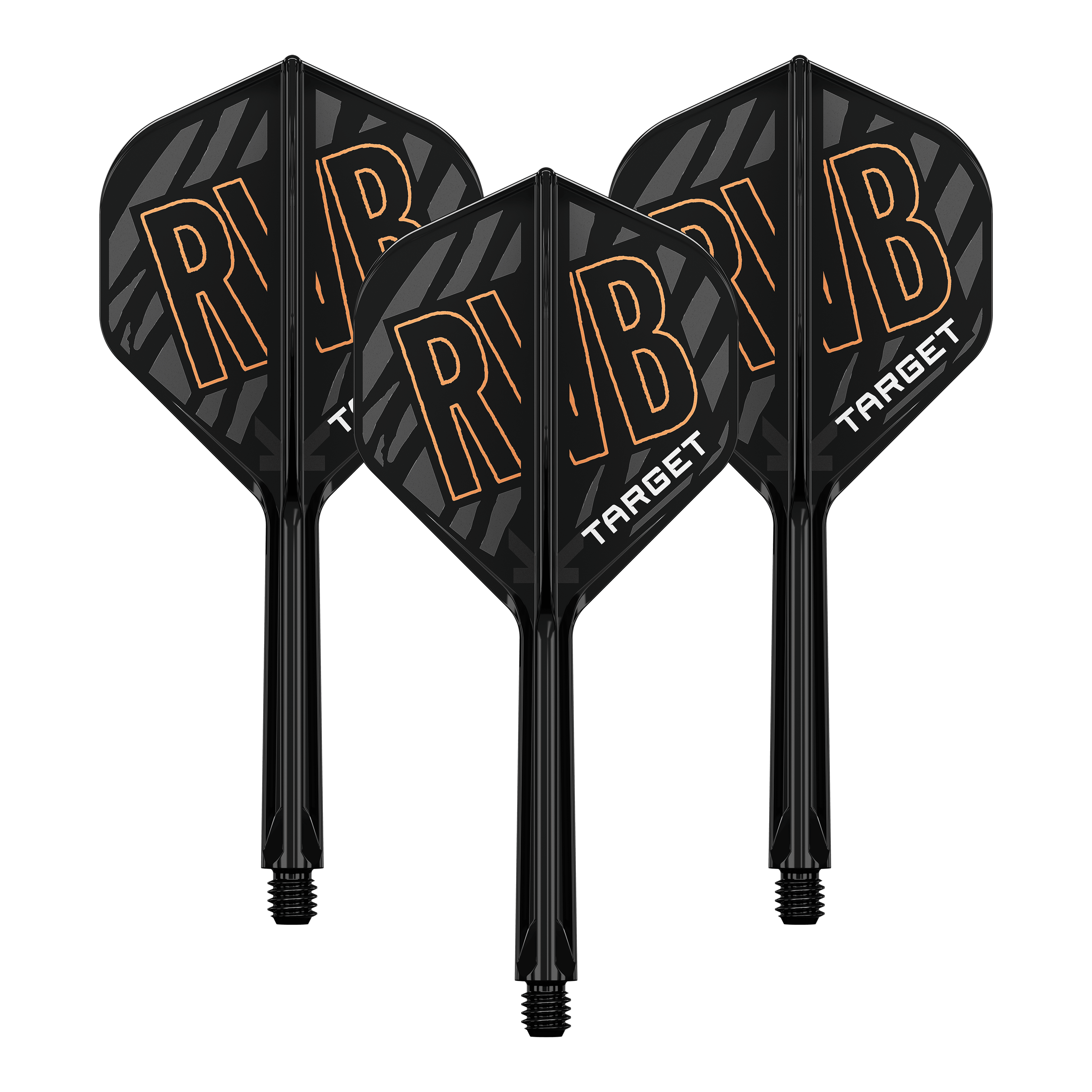 Targetový K-Flex Standardní letový hřídel Raymond Van Barneveld No2 Das Bild zeigt drei schwarze Dartflights mit integrierter Schaftsystem. Auf den Flights steht in großen Buchstaben "RVB" und darunter "TARGET".