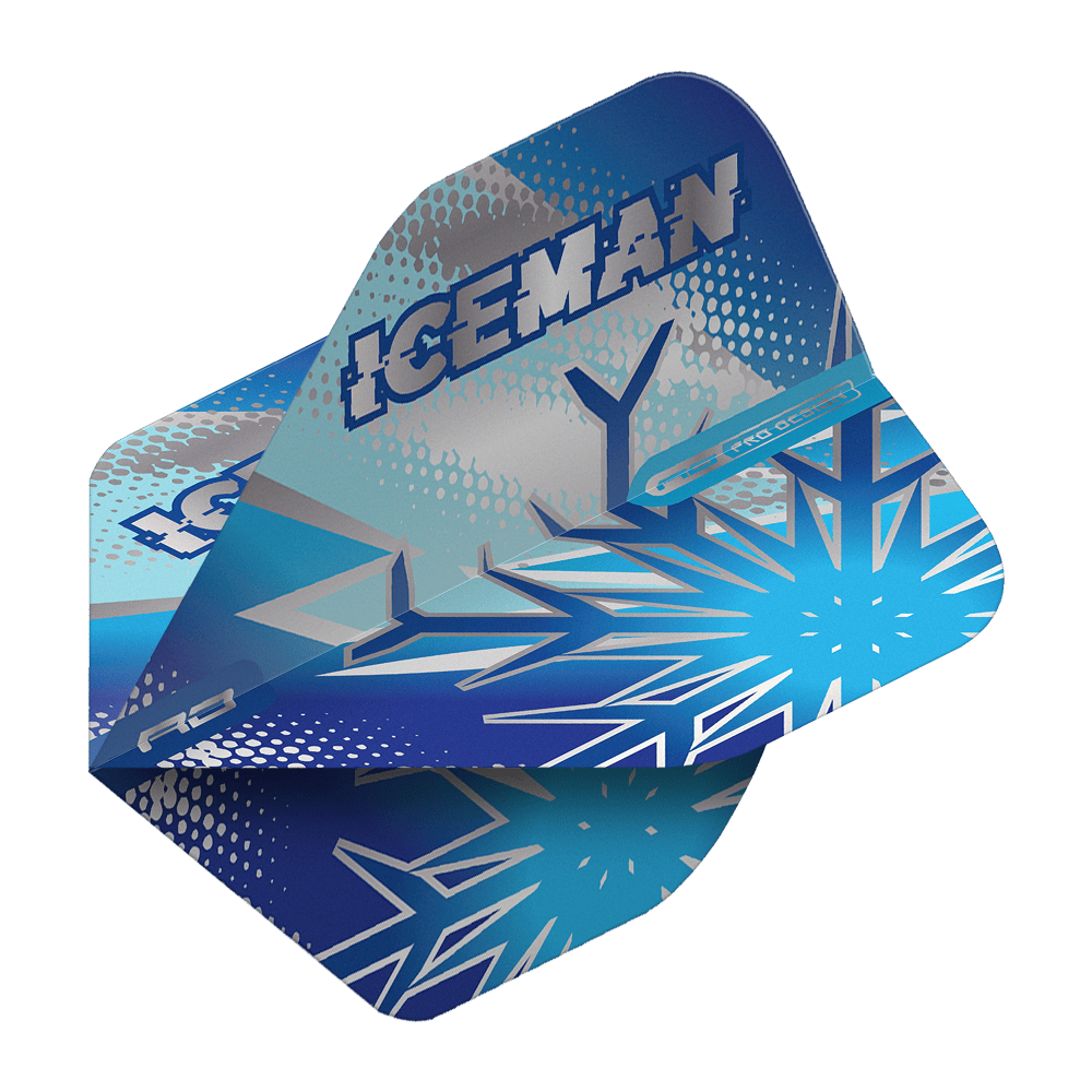 Standardní lety Red Dragon Gerwyn Price Blue Flake No2 Das Bild zeigt die Dartflights „Red Dragon Gerwyn Price Blue Flake No2 Standard Flights“ in Blau mit Eiskristall-Design. Auf den Flights steht groß das Wort „ICEMAN“.