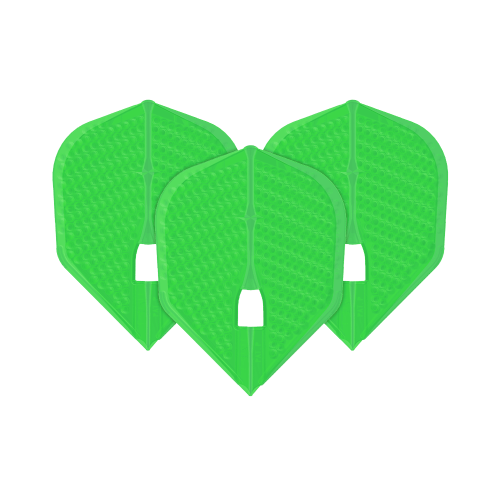 L-Style Flights Dimple Champagne L3PRO Shape Das Bild zeigt drei grüne Dartflights in einer speziellen Form mit Dimple-Struktur. Es handelt sich um das Produkt "L-Style Flights Dimple Champagne L3PRO Shape".