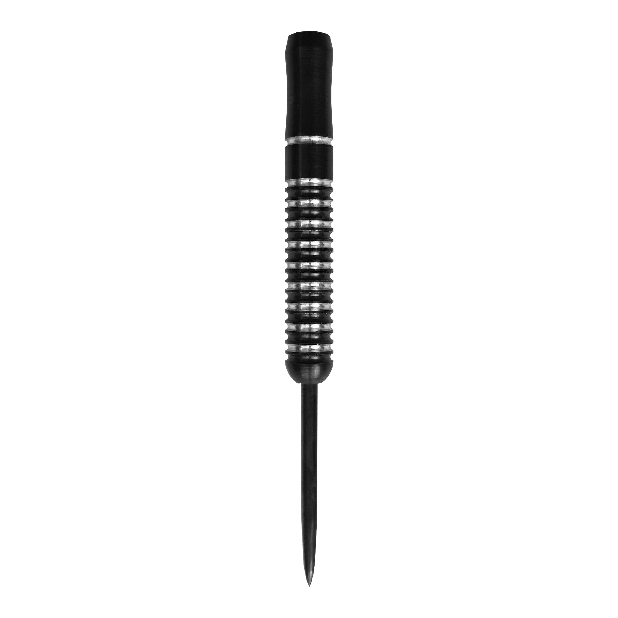 McDart Void Steeldart hlavně - 23g Das Bild zeigt einen McDart Void Steeldart Barrel mit einem Gewicht von 23g. Der Dart hat ein schwarz-silbernes Rillenmuster und eine spitze Metallspitze.
