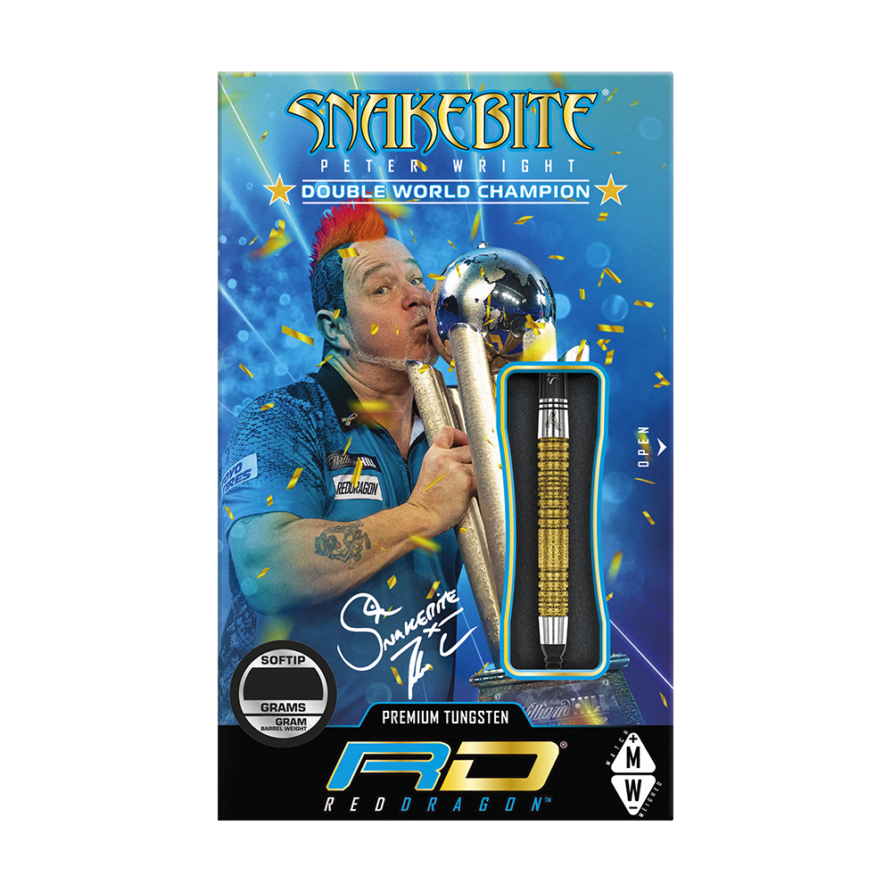 Šipky Red Dragon Peter Wright Double World Champion SE Gold Plus Softdarts - 20g Das Bild zeigt die Verpackung der "Red Dragon Peter Wright Double World Champion SE Gold Plus Softdarts - 20g". Auf der Verpackung ist ein Bild von Peter Wright mit Pokal und einem goldfarbenen Dart abgebildet.