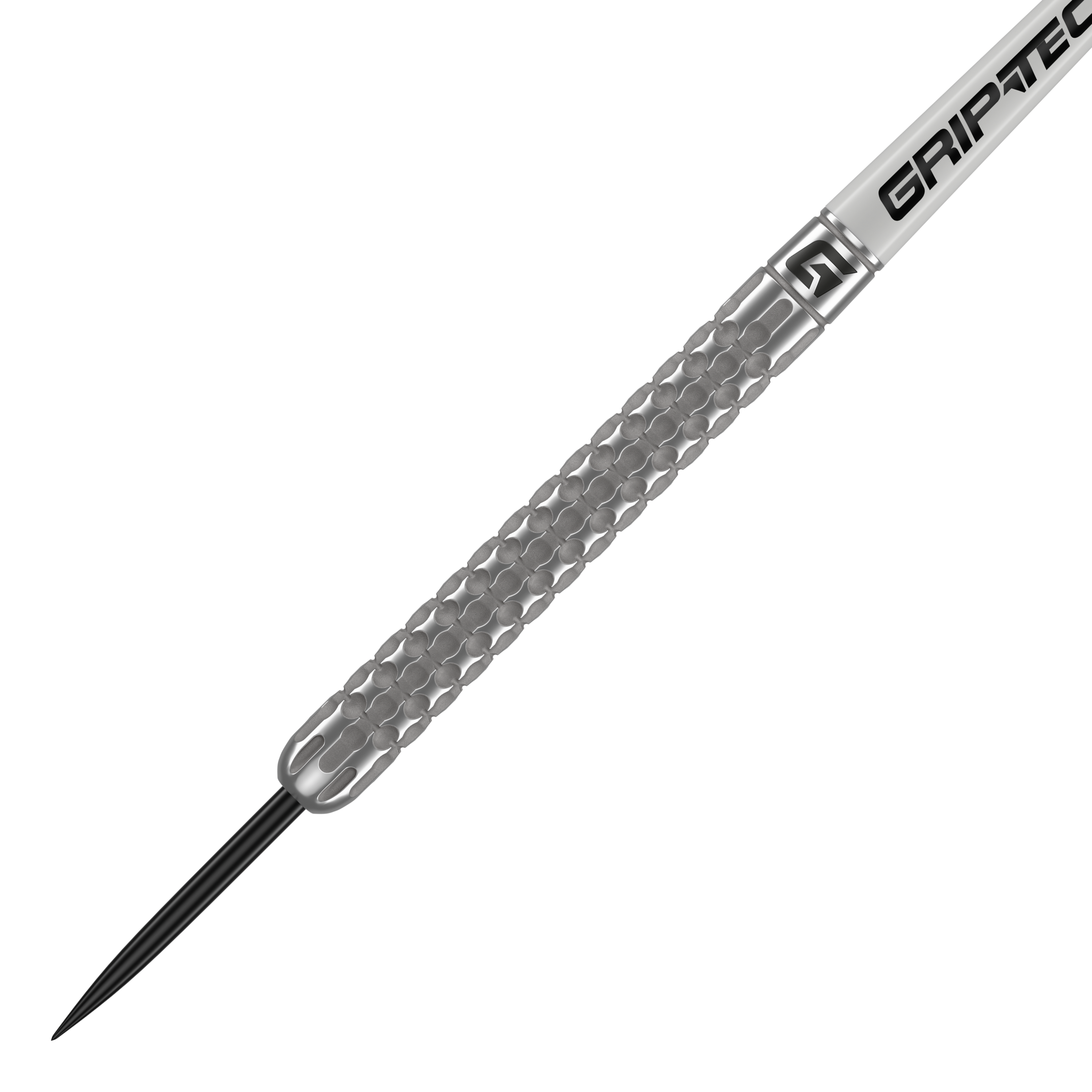 Šipky GOAT Fairway V1 z wolframové oceli Das Bild zeigt einen GOAT Fairway V1 Tungsten Steeldart. Der Dart hat eine silberne, strukturierte Oberfläche und eine schwarze Spitze.