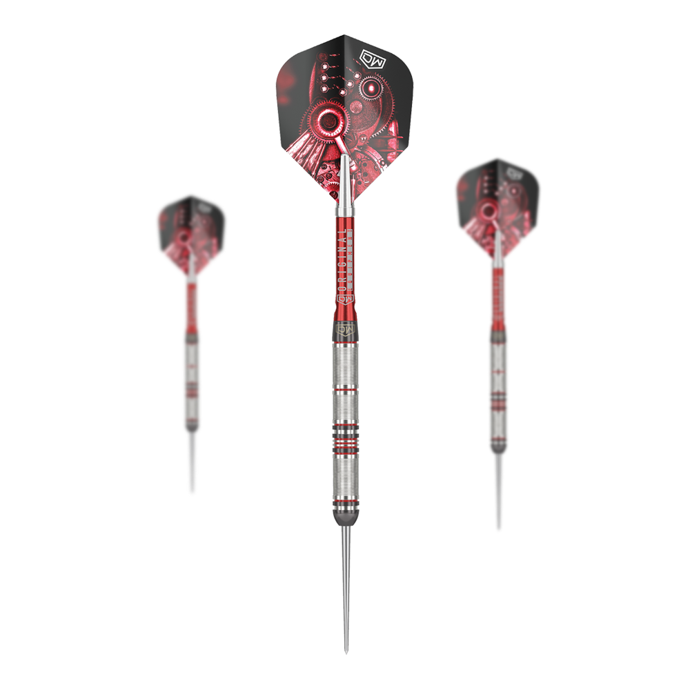 Ocelové šipky DW Piranha Razor 01 Das Bild zeigt drei Steeldarts des Produkts "DW Piranha Razor 01". Die Darts haben silberne Griffe mit roten Akzenten und Flights mit einem roten Zahnrad-Motiv.