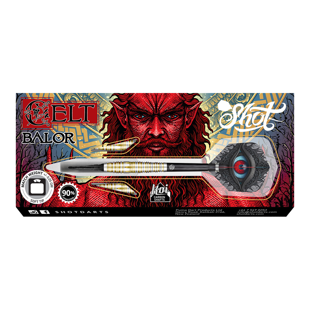 Šipky Shot Celt Balor Die Abbildung zeigt die „Shot Celt Balor Softdarts“ in ihrer Verpackung. Auf der Verpackung ist ein auffälliges, rotes Fantasy-Gesicht im Hintergrund zu sehen.